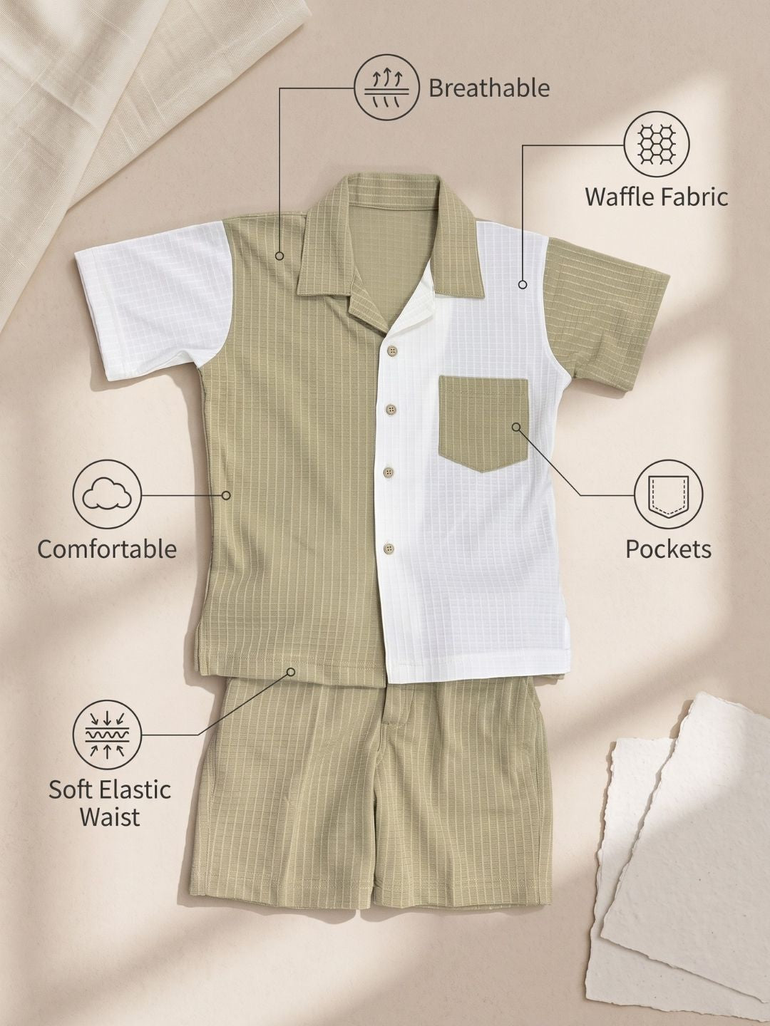 AJ Dezines Green Box Textured Waffle Fabric Color Block Cotton Blend Co-Ords For Boys