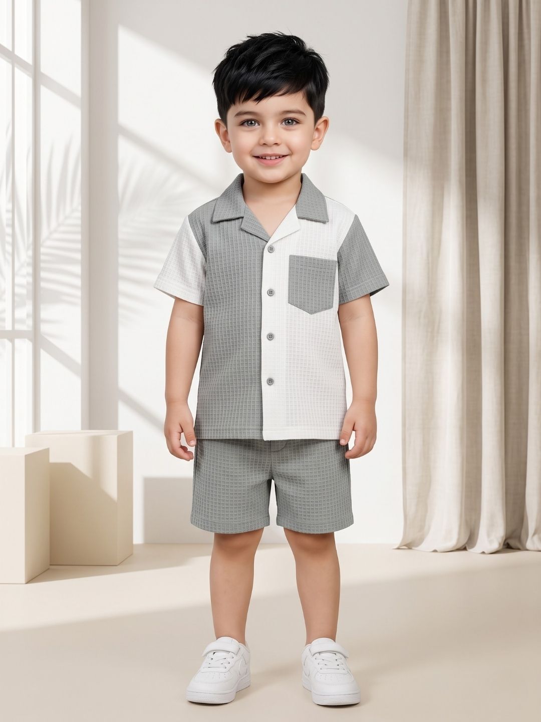AJ Dezines Grey Box Textured Waffle Fabric Color Block Cotton Blend Co-Ords For Boys