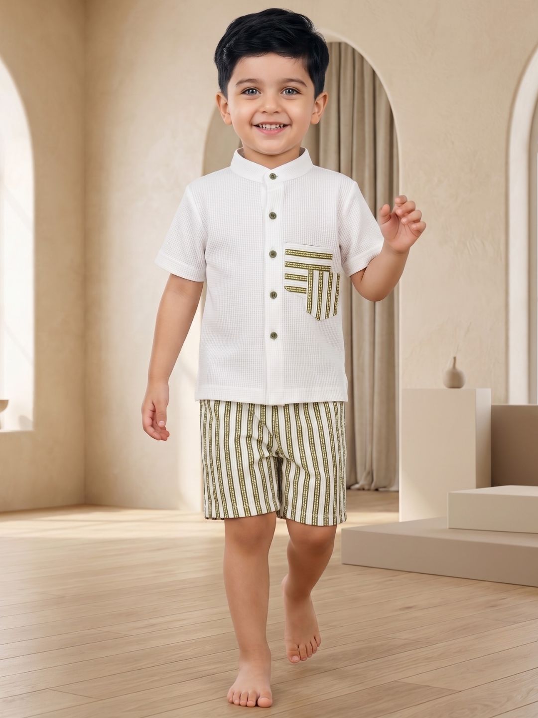 Green Stripe Cotton Blend Casual Wear Sibling Co-Ord Set for Kids | Matching Brother & Sister Outfit