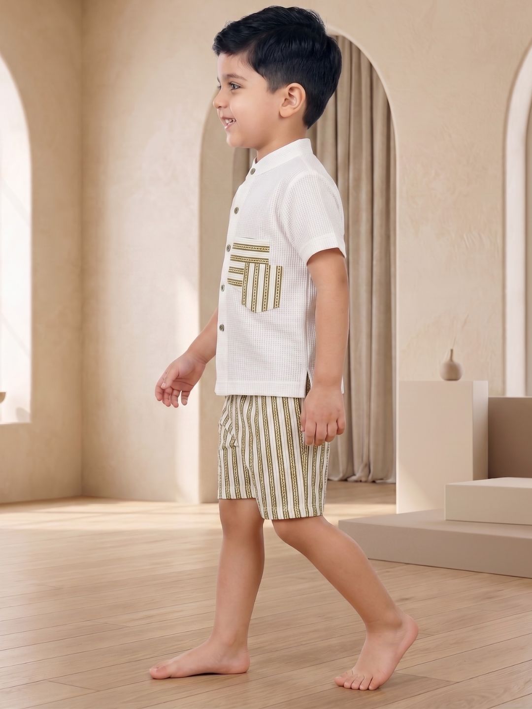 Green Stripe Cotton Blend Co-Ords Set For Boys