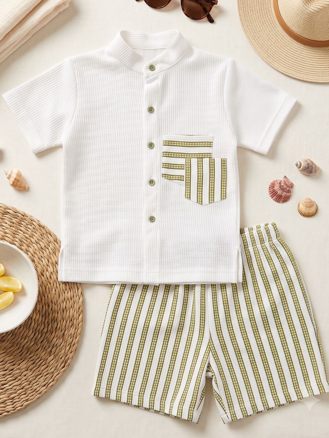 Green Stripe Cotton Blend Casual Wear Sibling Co-Ord Set for Kids | Matching Brother & Sister Outfit