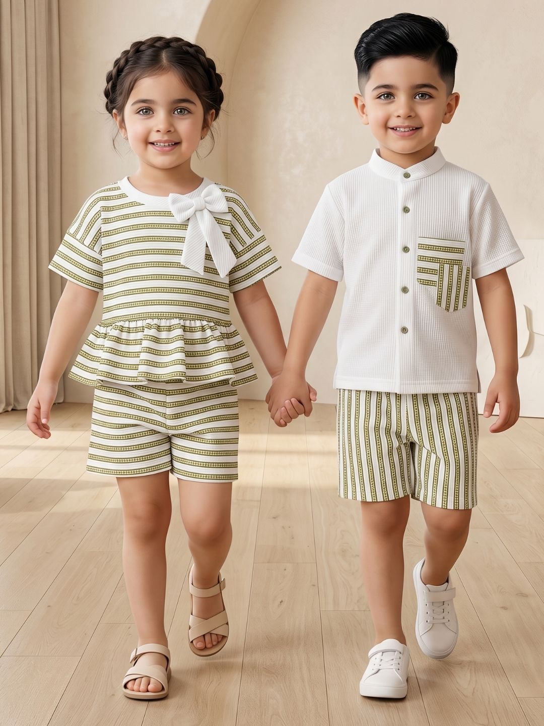 Green Stripe Cotton Blend Casual Wear Sibling Co-Ord Set for Kids | Matching Brother & Sister Outfit