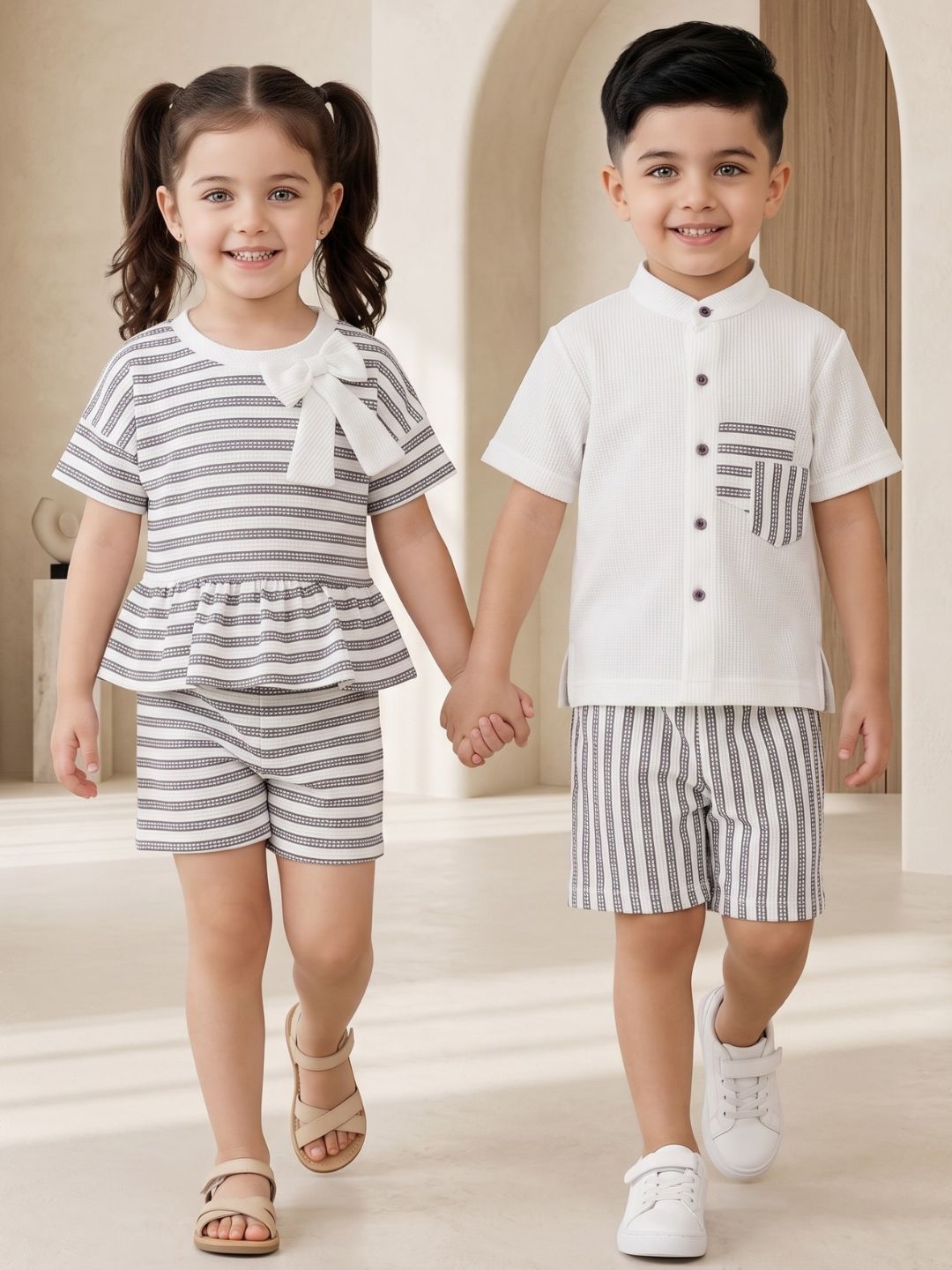Grey Stripe Cotton Blend Casual Wear Sibling Co-Ord Set for Kids | Matching Brother & Sister Outfit