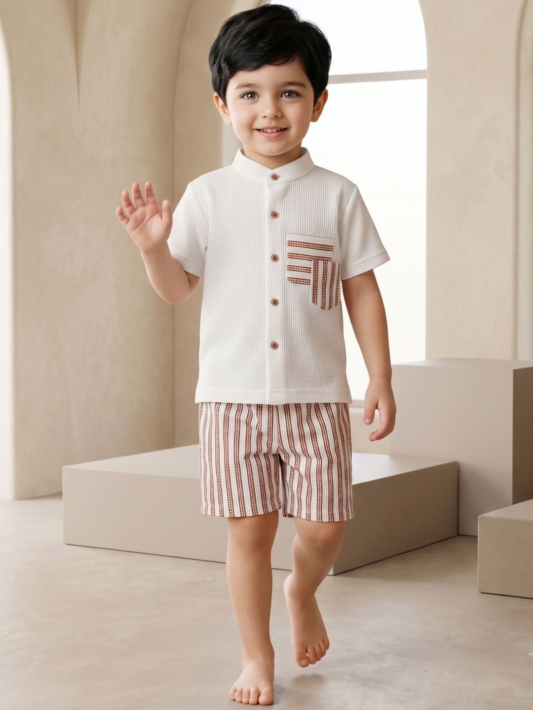 Orange Stripe Cotton Blend Co-Ords Set For Boys