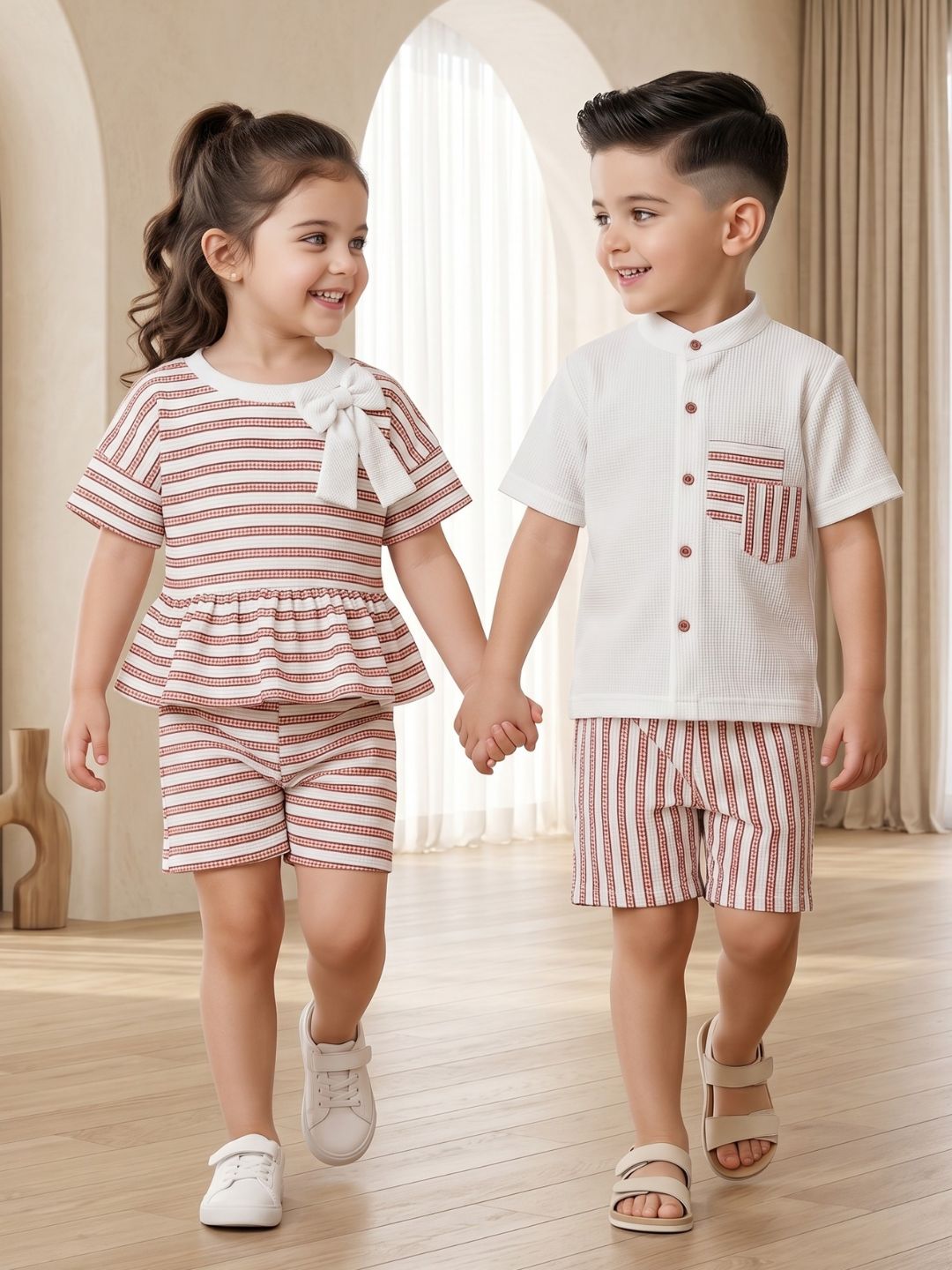 Orange Stripe Cotton Blend Casual Wear Sibling Co-Ord Set for Kids | Matching Brother & Sister Outfit