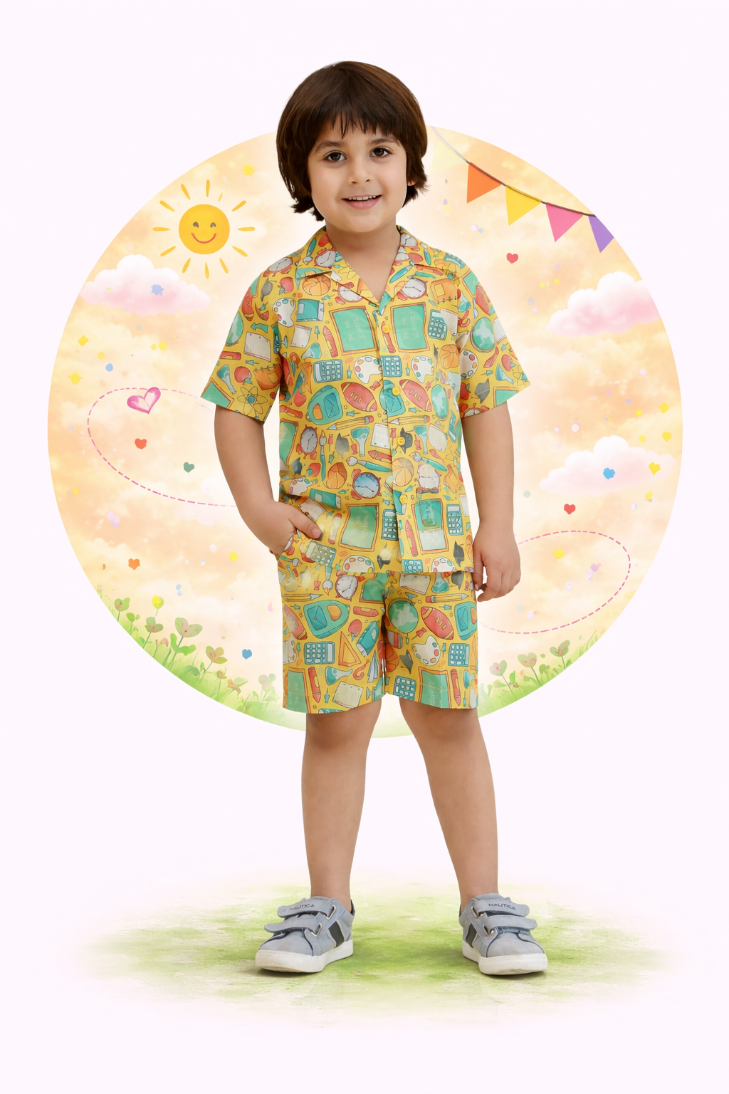 Yellow Cotton Half Sleeves Funky Print Boys Co-Ords for Boys - AJ Dezines