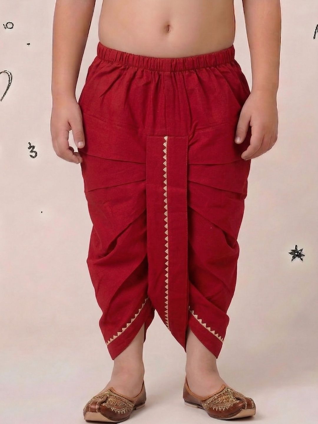 Red Solid with Gotta Lace Pure Cotton Traditional Ethnic Wear Dhoti For Kids Boys