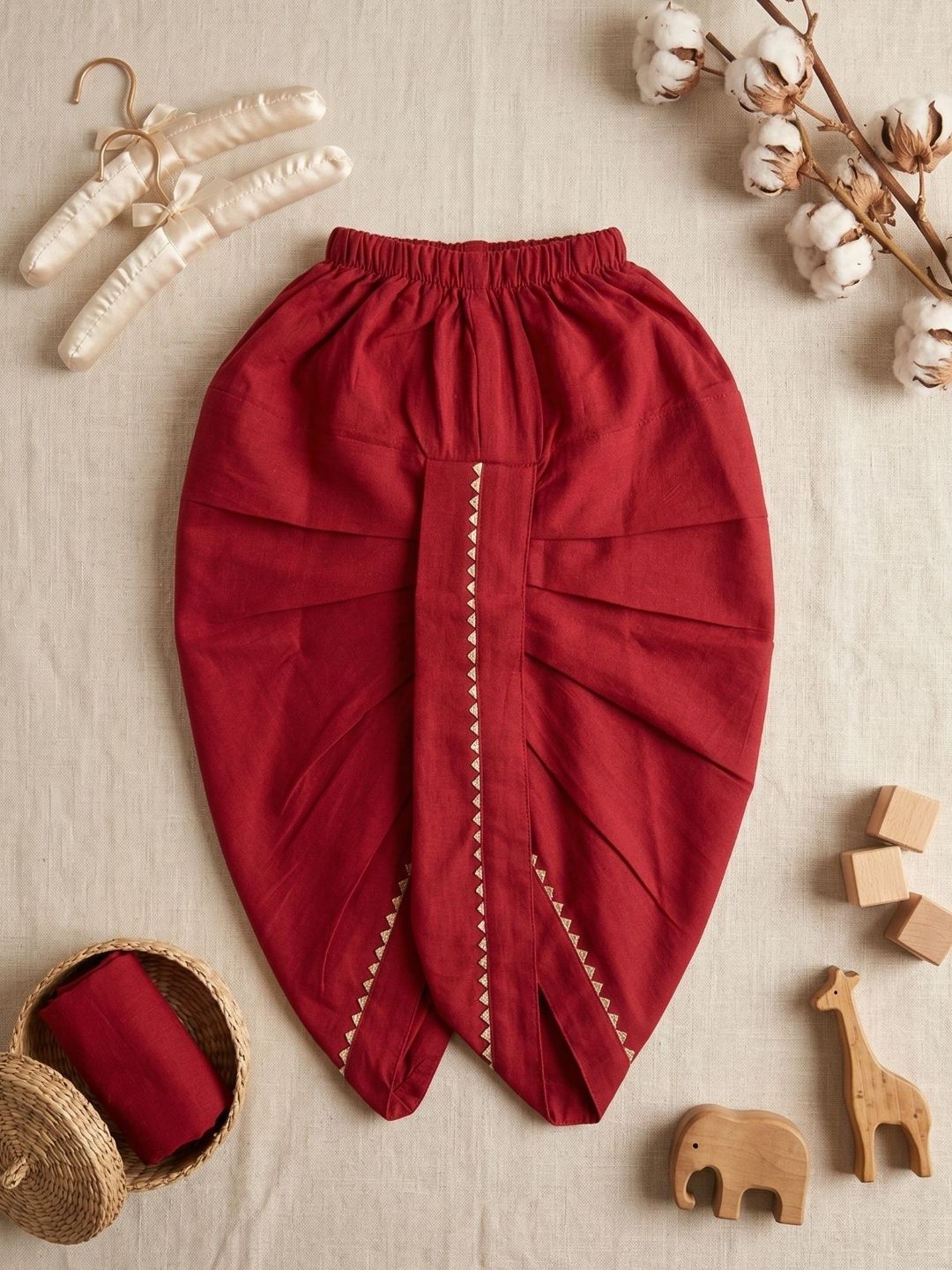 Red Solid with Gotta Lace Pure Cotton Traditional Ethnic Wear Dhoti For Kids Boys