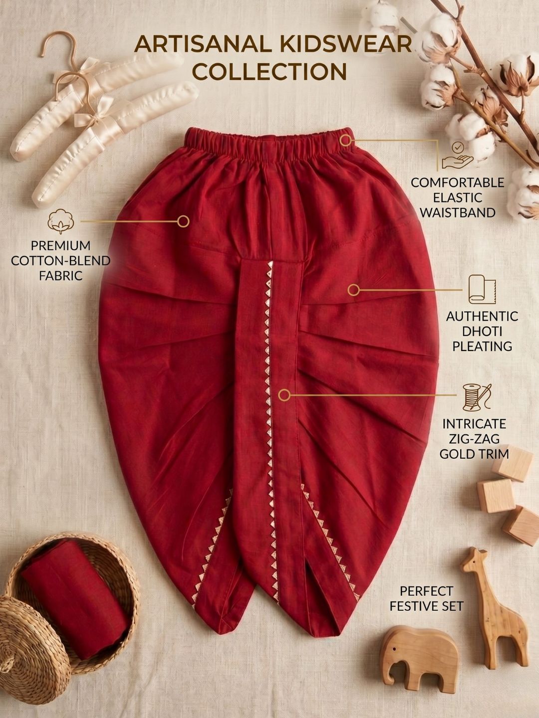 Red Solid with Gotta Lace Pure Cotton Traditional Ethnic Wear Dhoti For Kids Boys