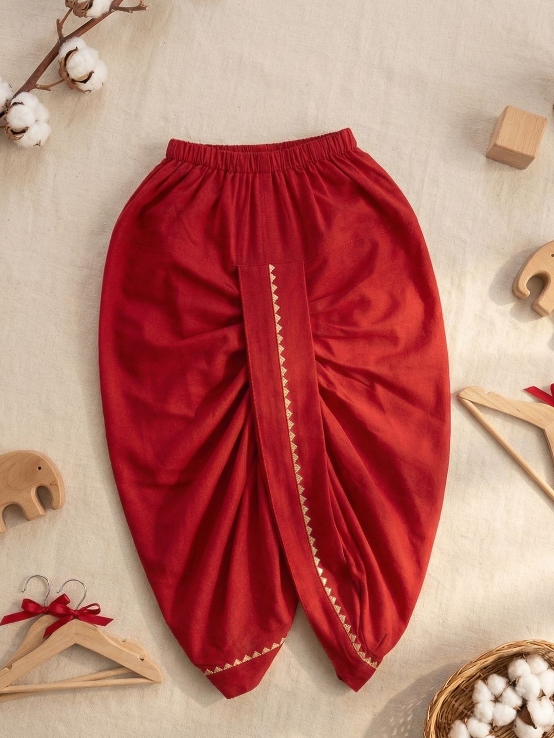 Red Solid with Gotta Lace Pure Cotton Traditional Ethnic Wear Dhoti For Kids Boys