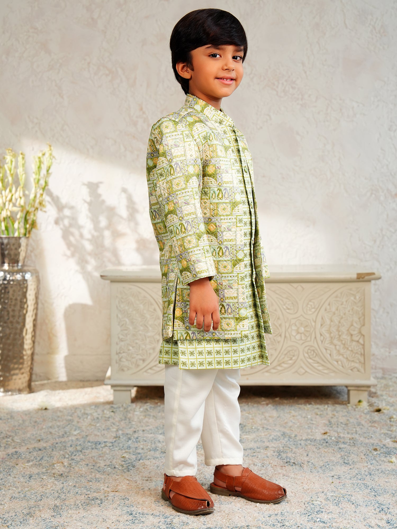Green Jacquard Full Sleeves Rich Floral Embroidery Sherwani