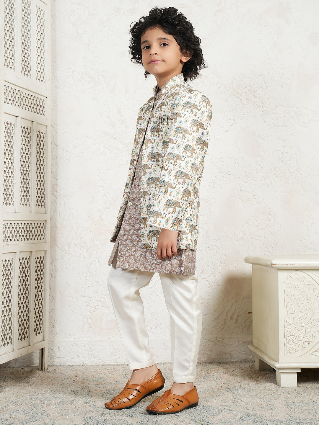Brown Jacquard Full Sleeves Rich Elephant Embroidery Sherwani for boys