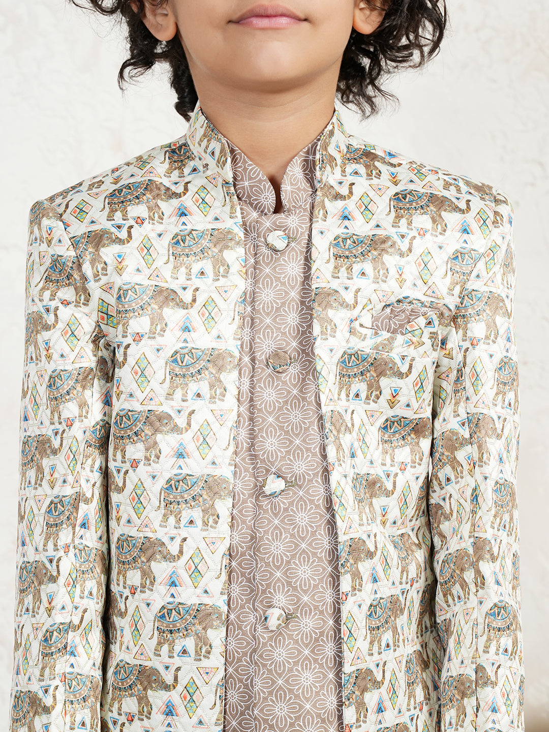 Brown Jacquard Full Sleeves Rich Elephant Embroidery Sherwani for boys