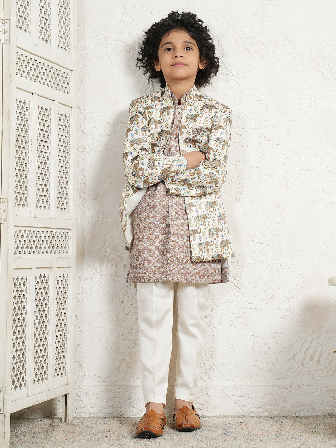 Brown Jacquard Full Sleeves Rich Elephant Embroidery Sherwani for boys