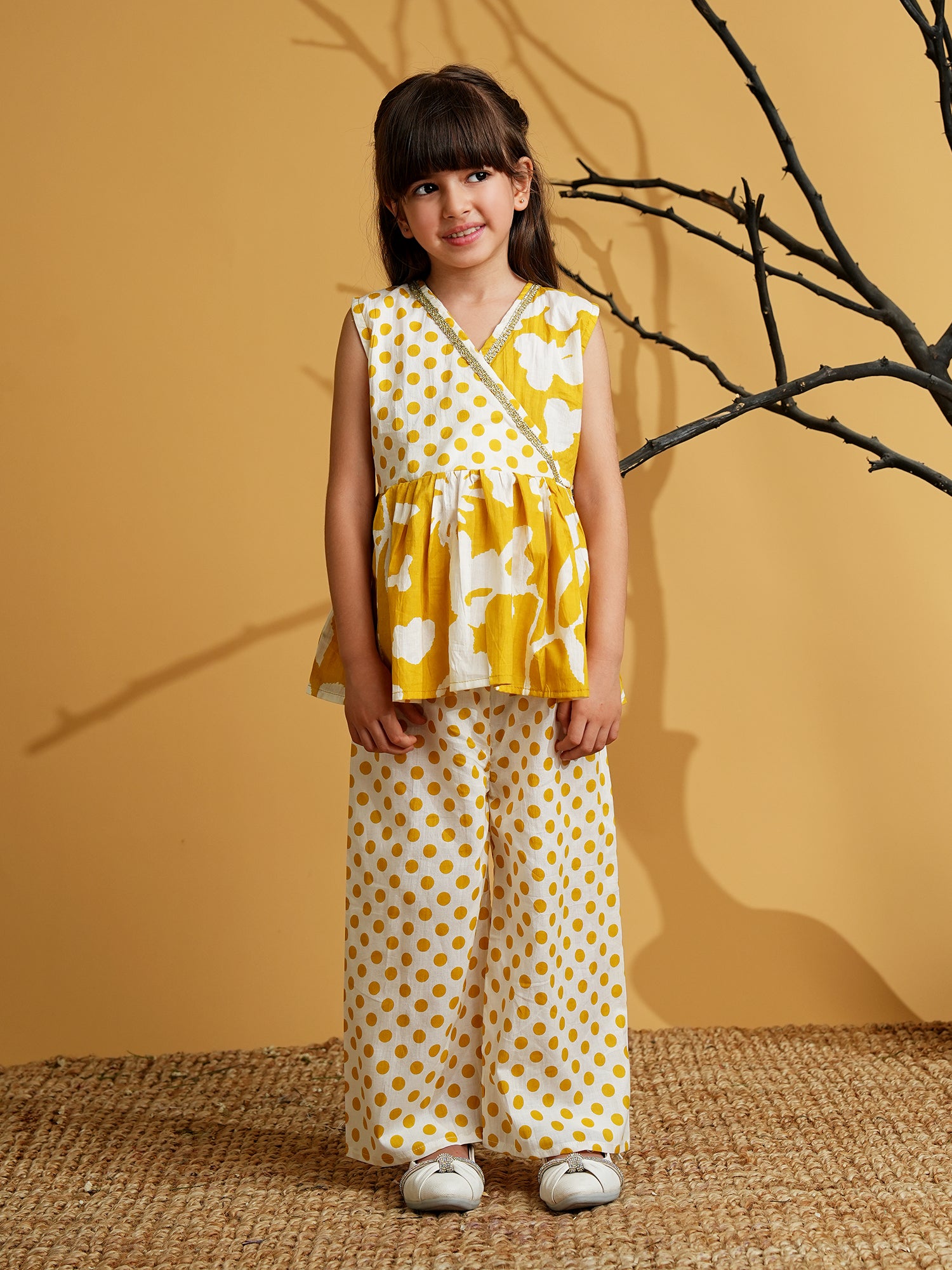 Mustard Cotton Sleeveless Polka Dot Print Girls Co-Ords - AJ Dezines
