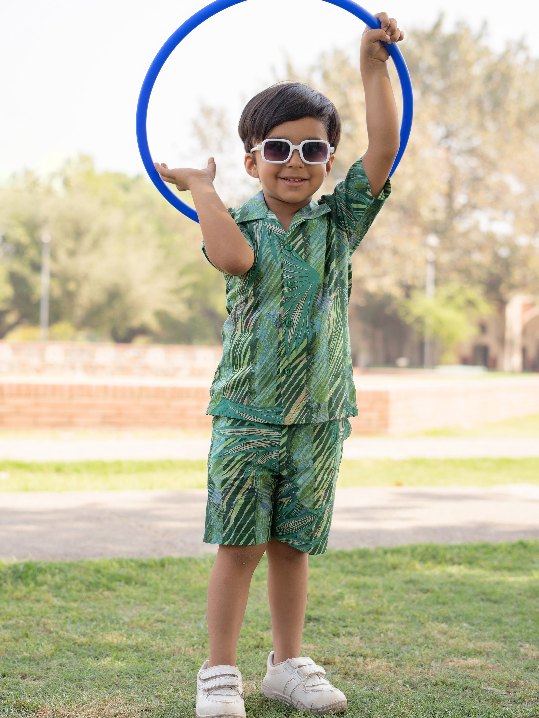 Kids Boys Green Tropical Print Cotton CO-Ords Set - AJ Dezines