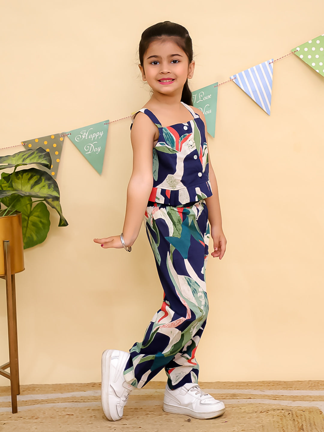Blue Sleeveless Tropical Cotton Co-Ord Sets For Girls - AJ Dezines