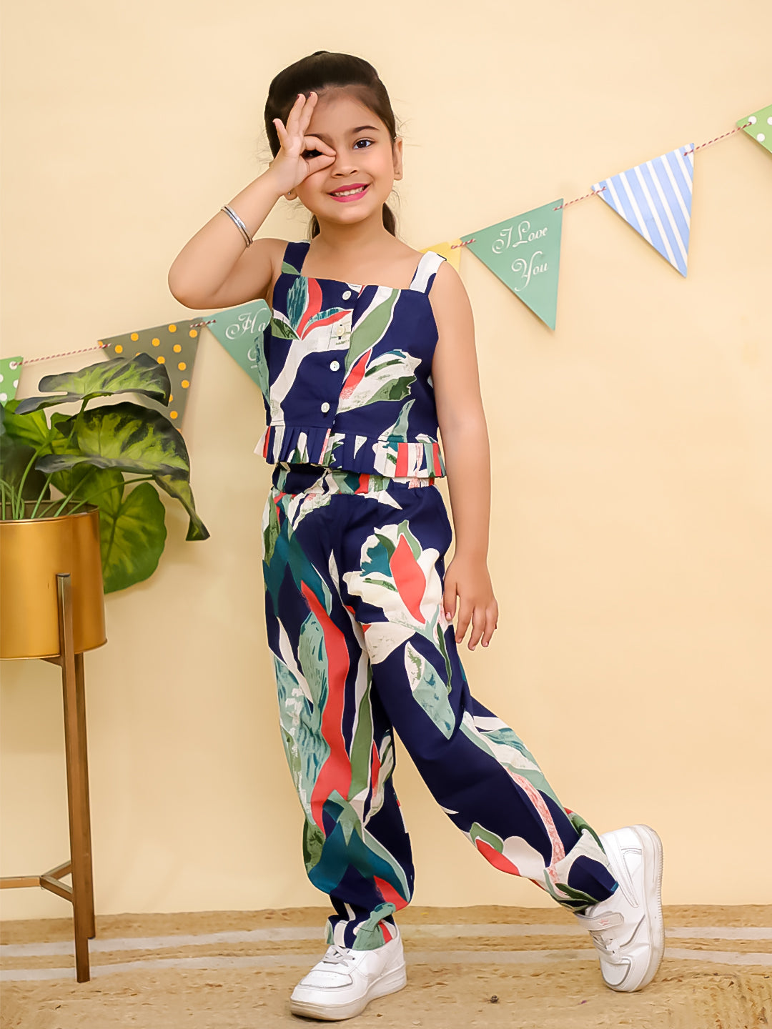 Blue Sleeveless Tropical Cotton Co-Ord Sets For Girls - AJ Dezines