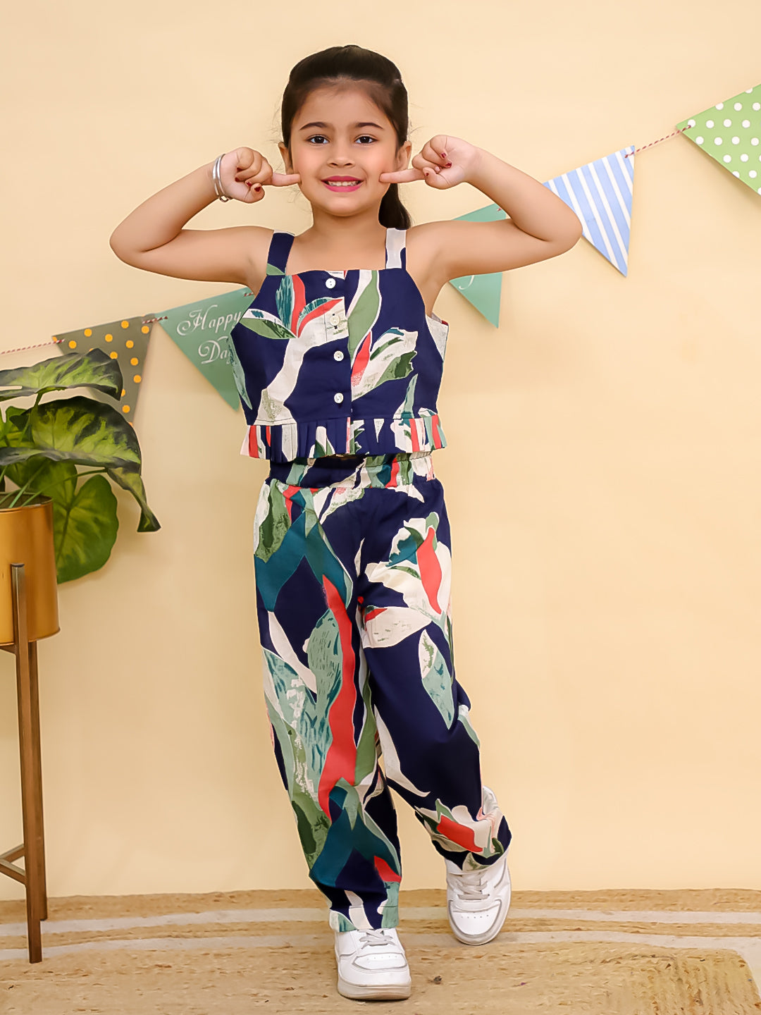 Blue Sleeveless Tropical Cotton Co-Ord Sets For Girls - AJ Dezines