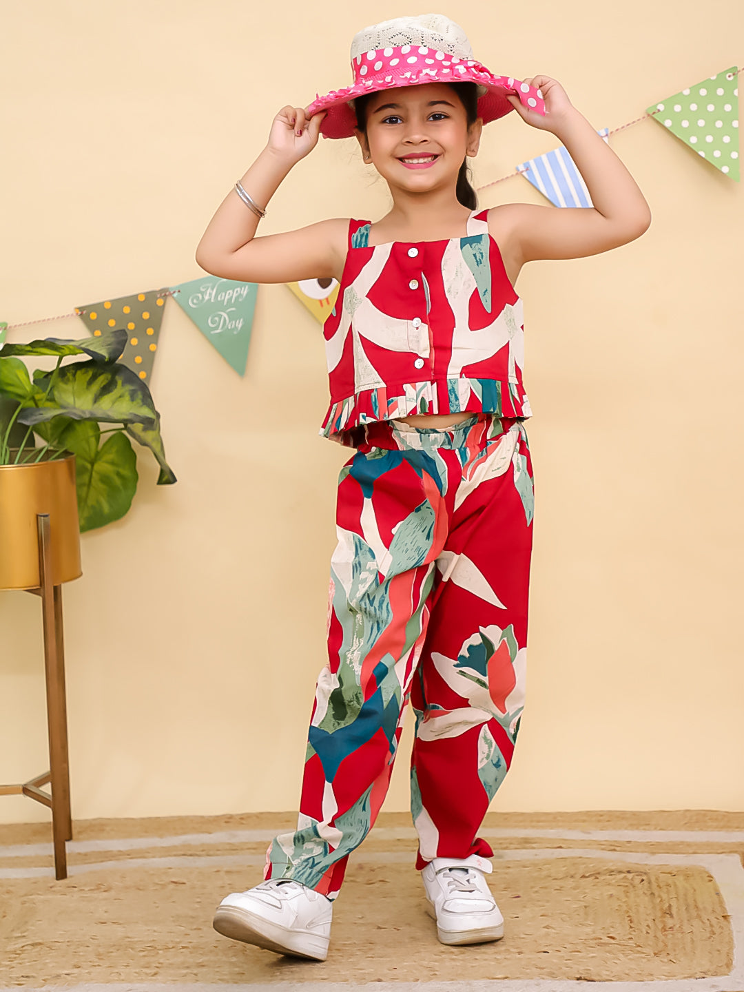 Red Sleeveless Tropical Cotton Co-Ord Sets For Girls - AJ Dezines