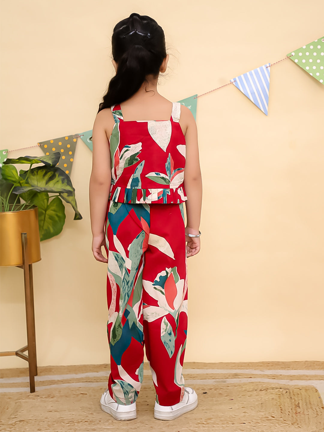 Red Sleeveless Tropical Cotton Co-Ord Sets For Girls - AJ Dezines