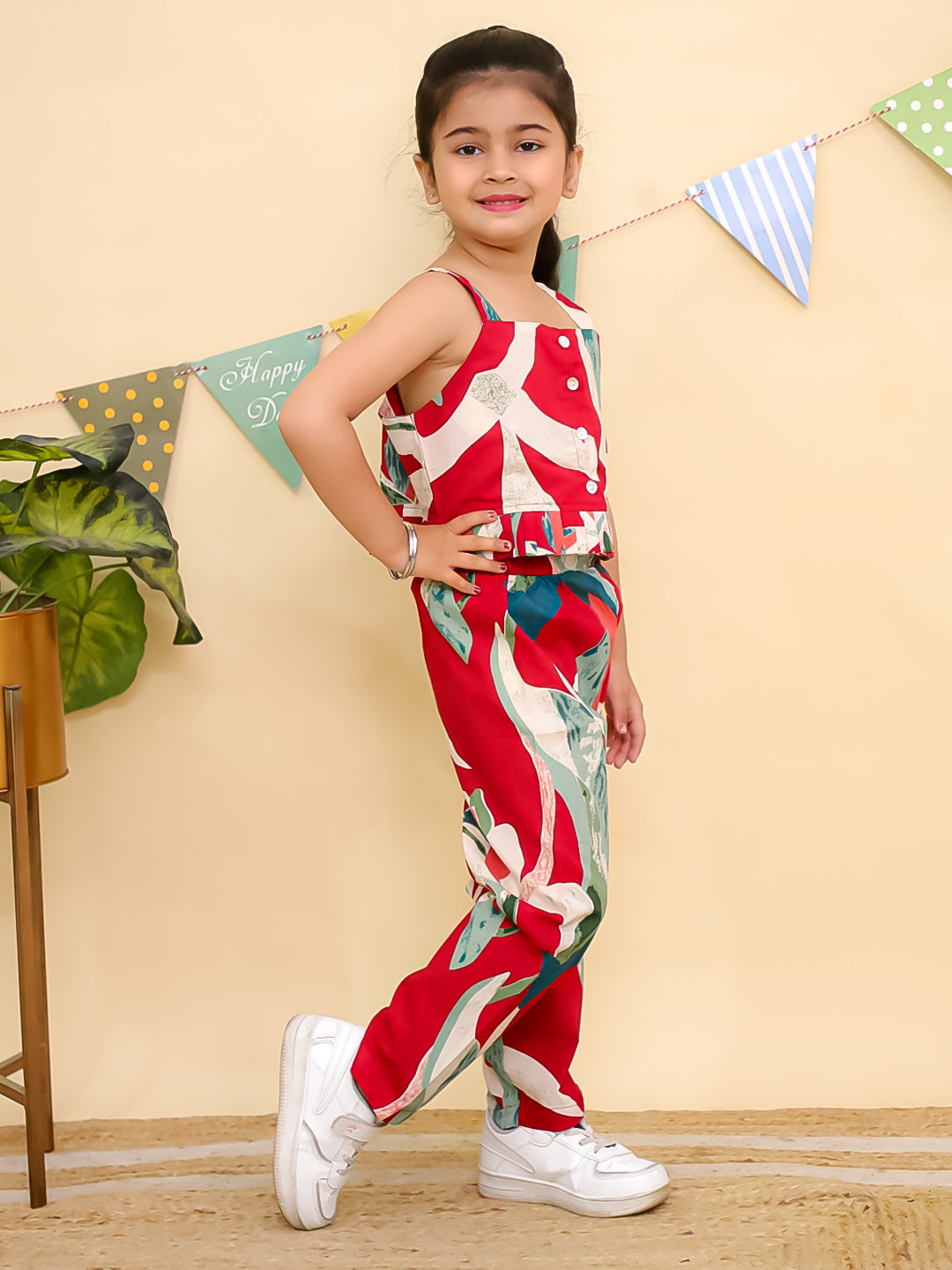 Red Sleeveless Tropical Cotton Co-Ord Sets For Girls - AJ Dezines