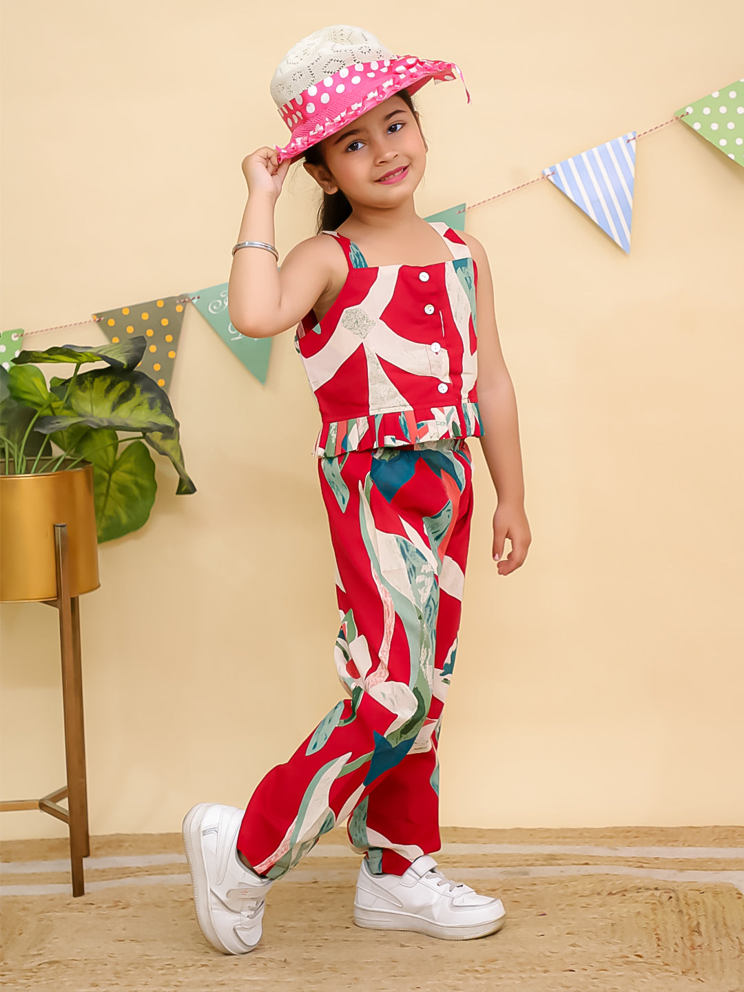 Red Sleeveless Tropical Cotton Co-Ord Sets For Girls - AJ Dezines