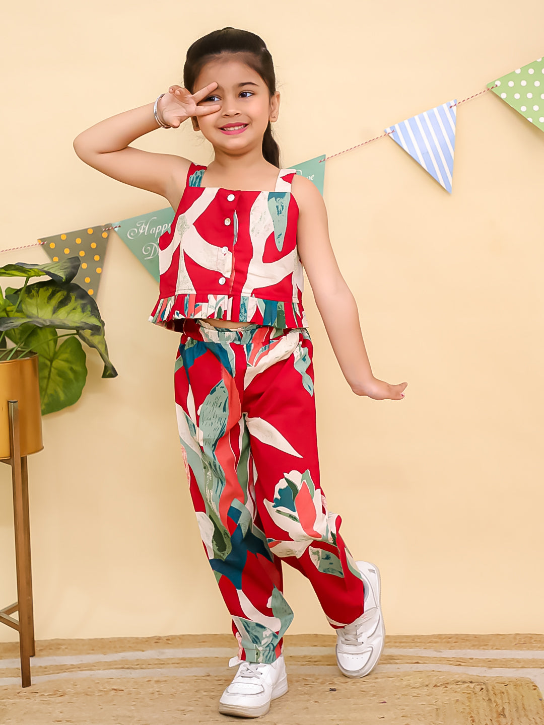 Red Sleeveless Tropical Cotton Co-Ord Sets For Girls - AJ Dezines
