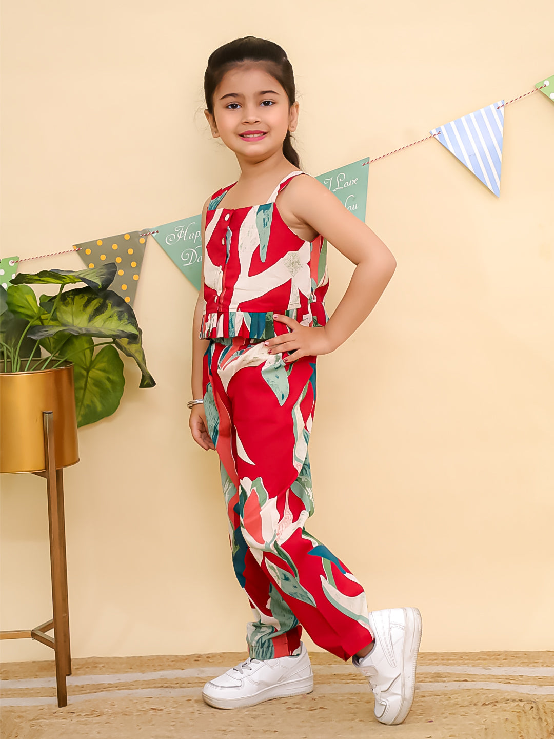 Red Sleeveless Tropical Cotton Co-Ord Sets For Girls - AJ Dezines