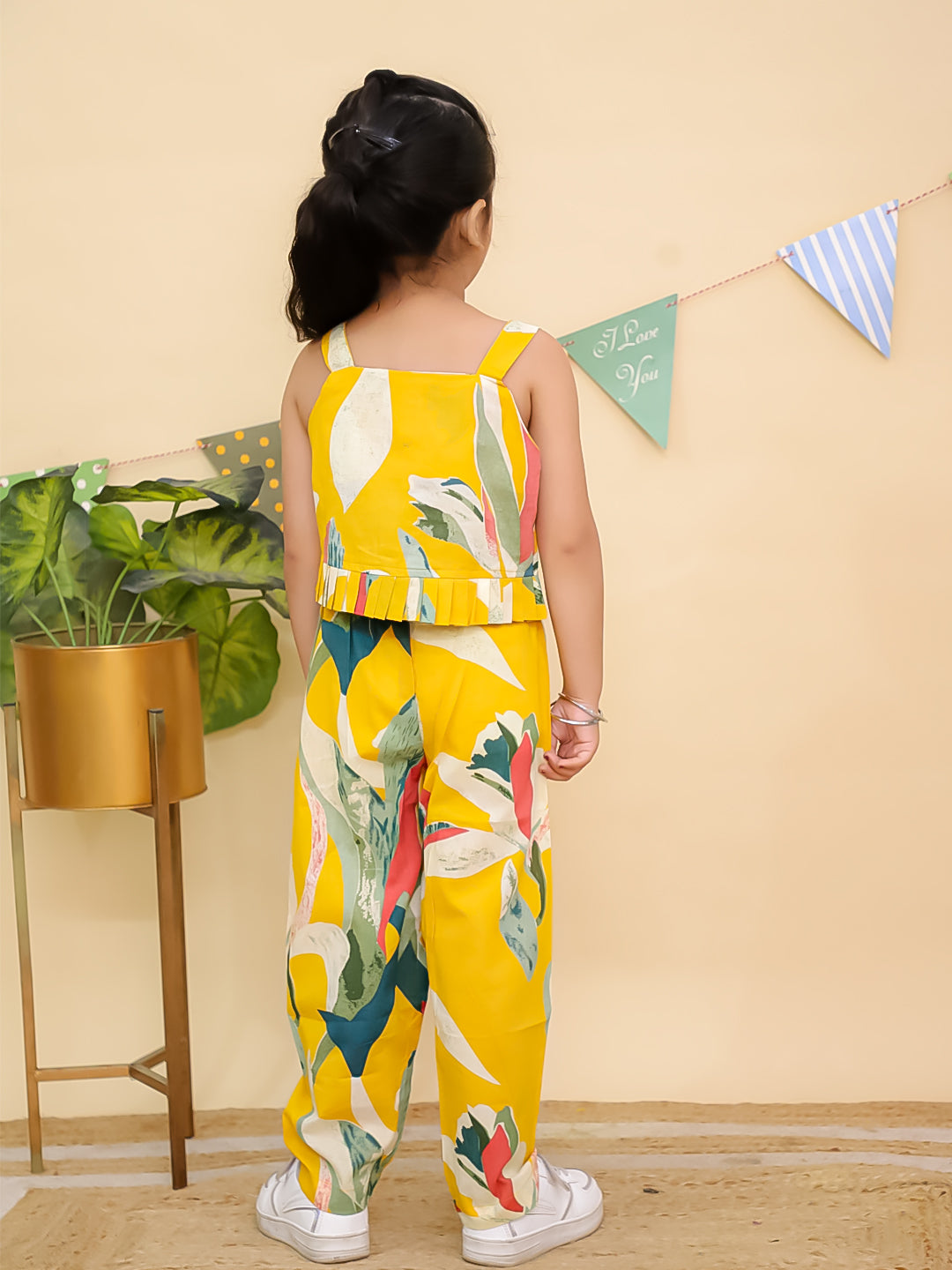 Yellow Sleeveless Tropical Cotton Co-Ord Sets For Girls - AJ Dezines