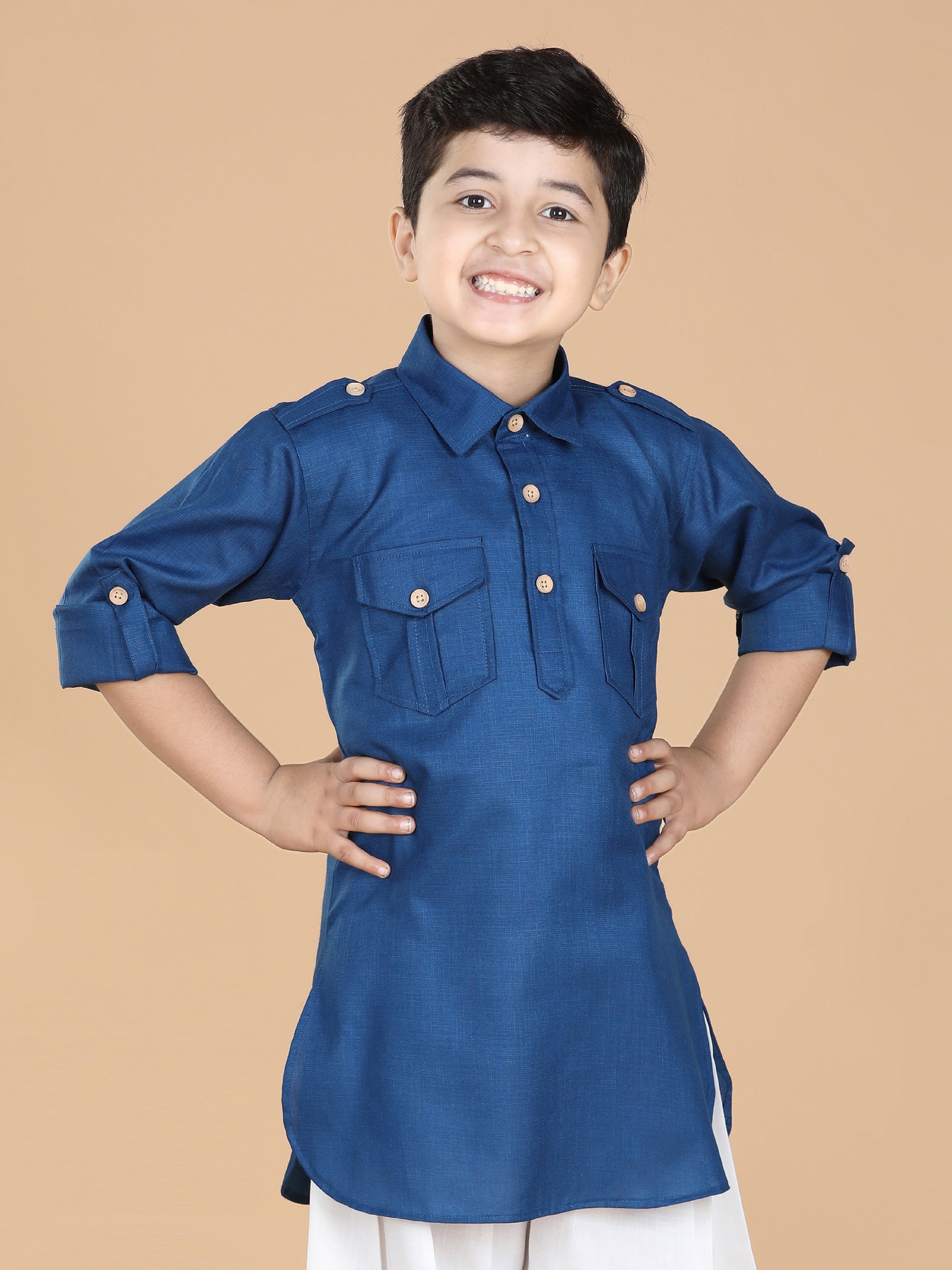 Kids Boys Blue Solid Cotton Kurta - AJ Dezines