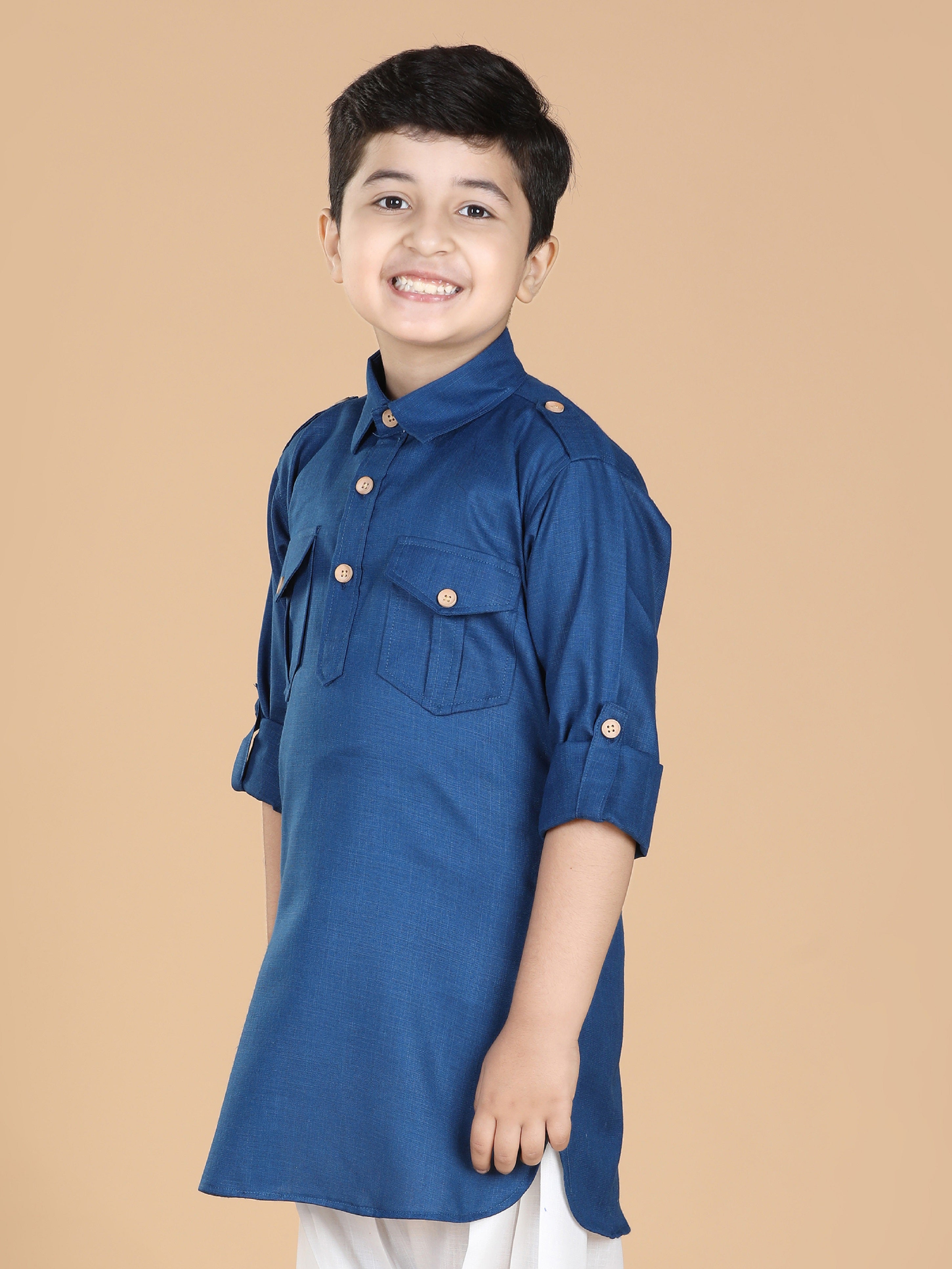 Kids Boys Blue Solid Cotton Kurta - AJ Dezines