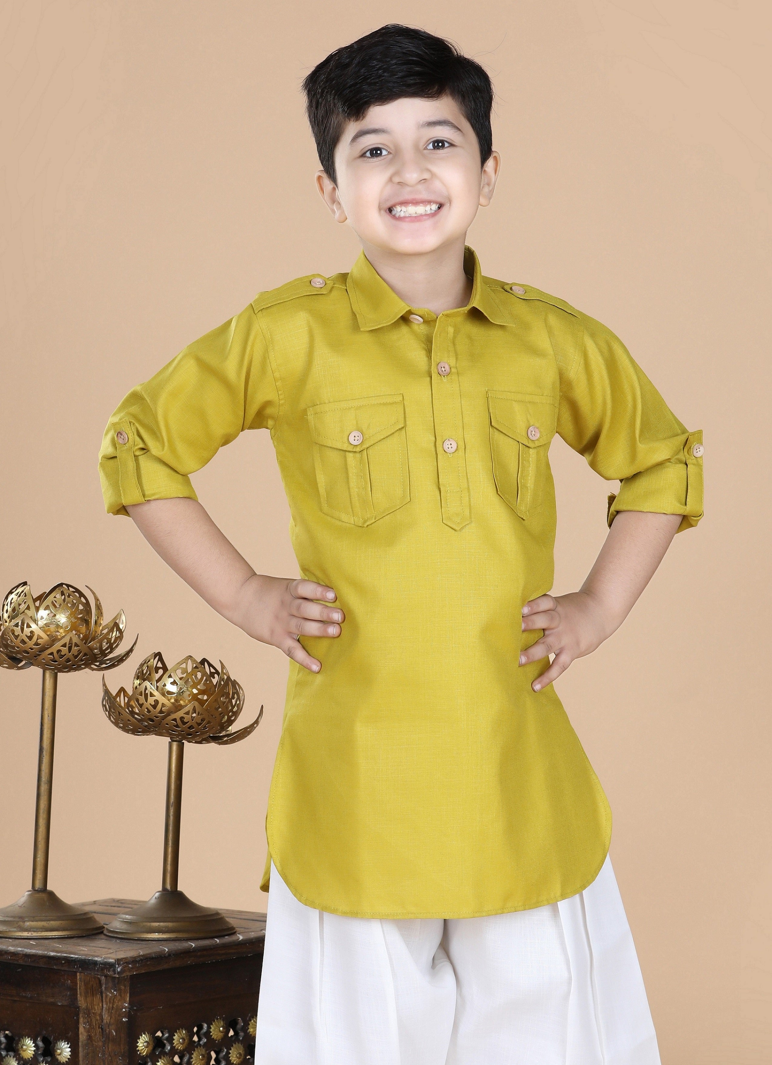 Kids Boys Green Solid Cotton Kurta - AJ Dezines