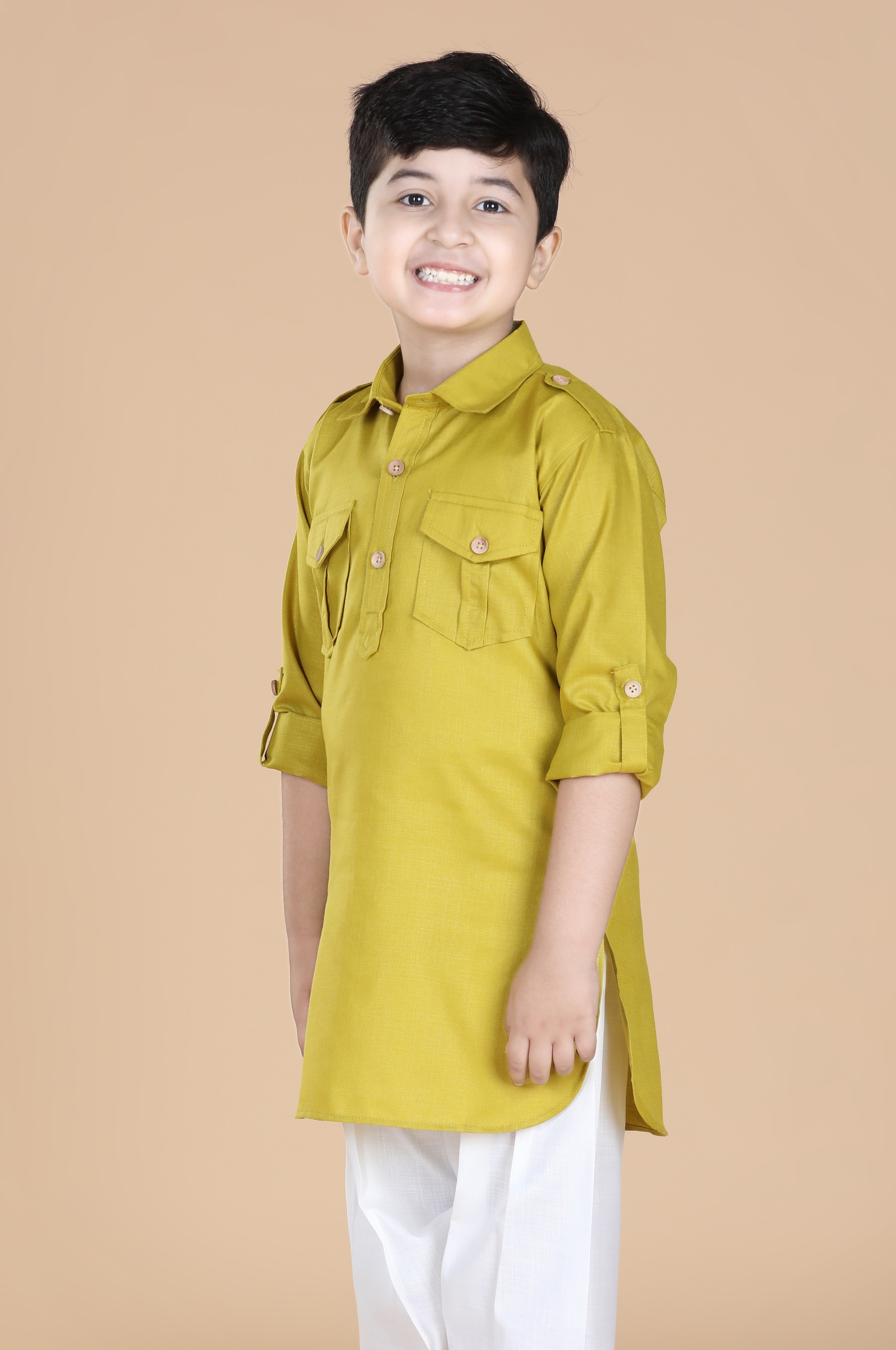 Kids Boys Green Solid Cotton Kurta - AJ Dezines