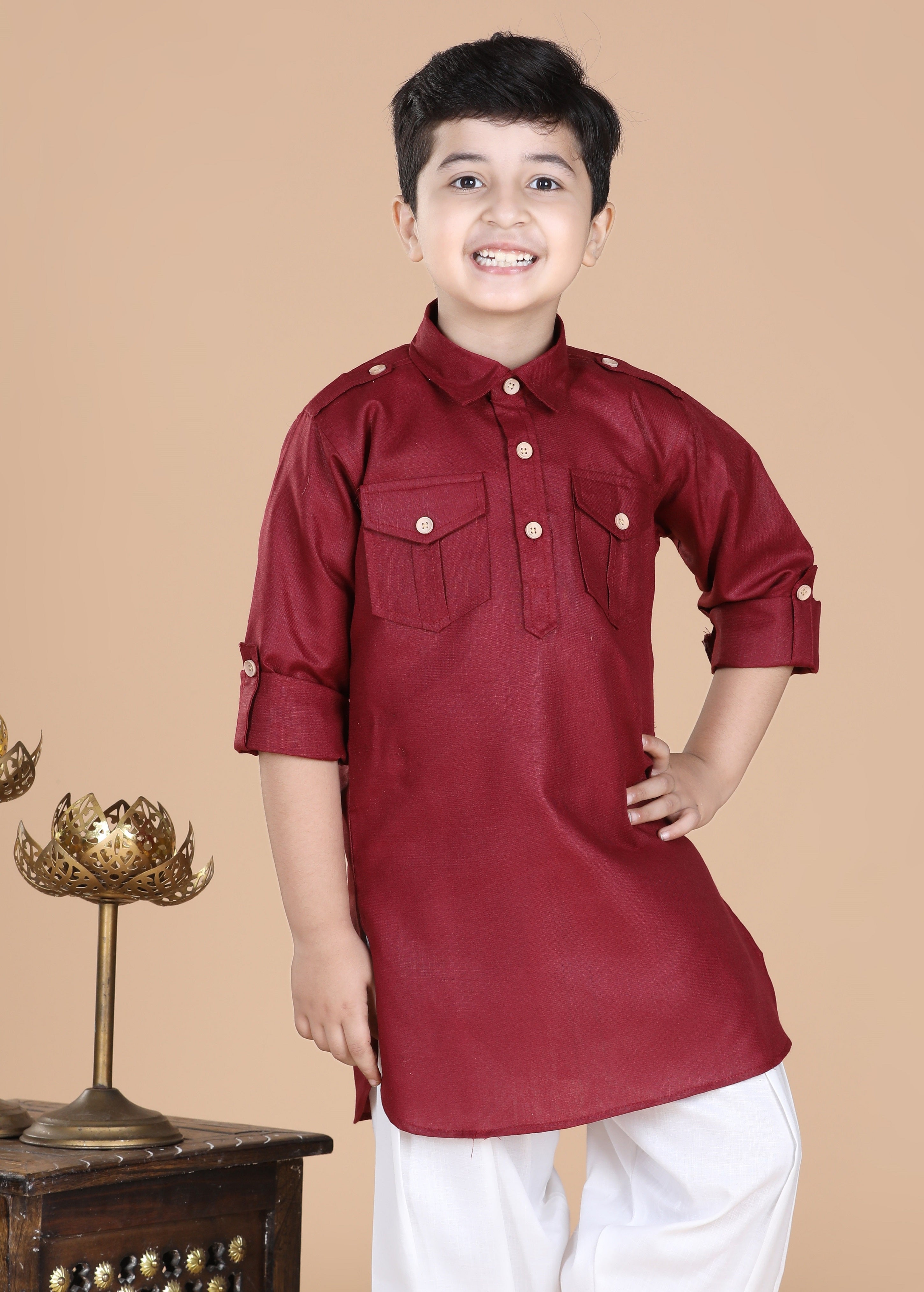 Kids Boys Maroon Solid Cotton Kurta - AJ Dezines