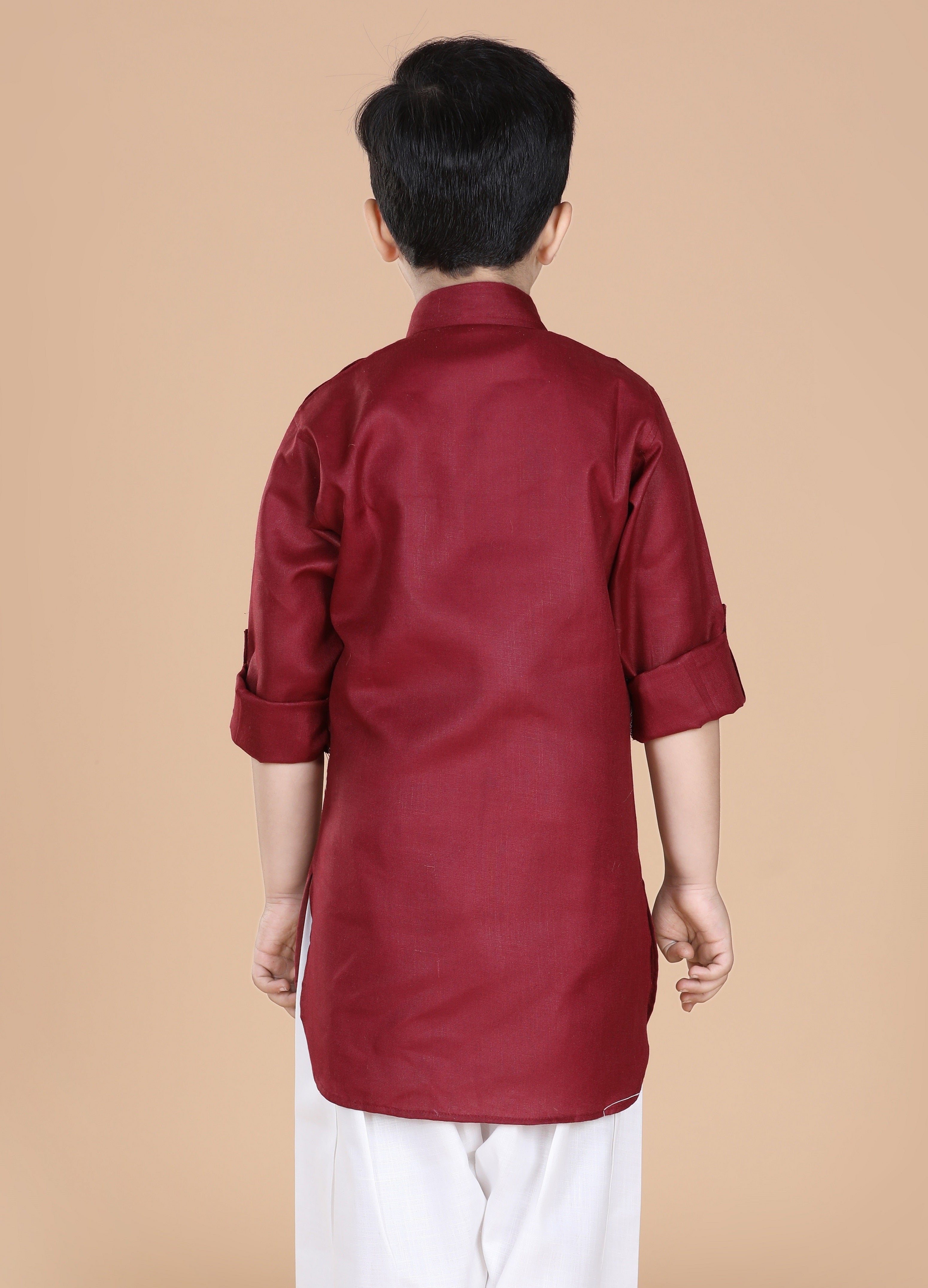 Kids Boys Maroon Solid Cotton Kurta - AJ Dezines