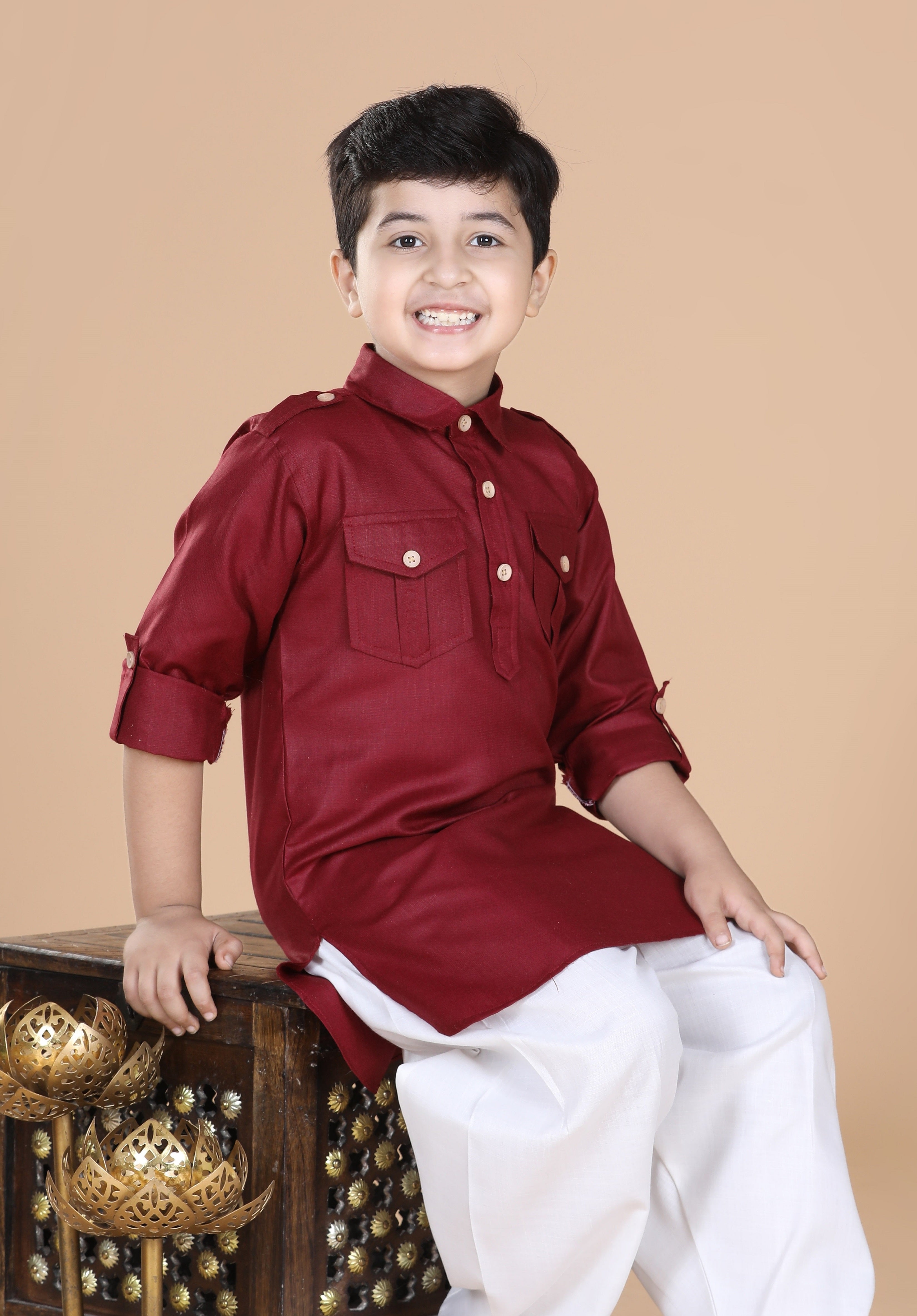 Kids Boys Maroon Solid Cotton Kurta - AJ Dezines