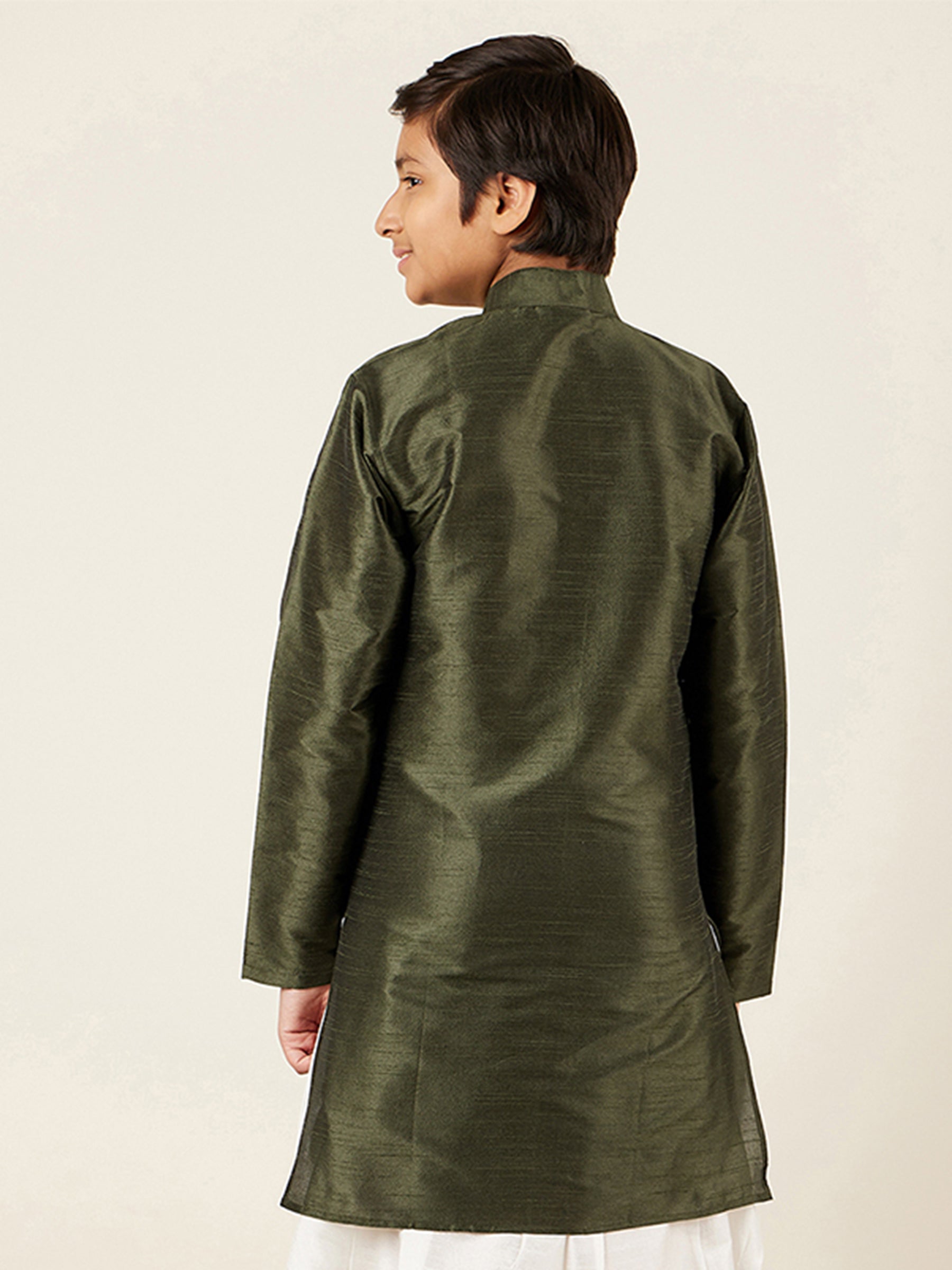 Kids Ethnic Wear Boys Green Silk Blend Kurta Pyjama Set - AJ Dezines