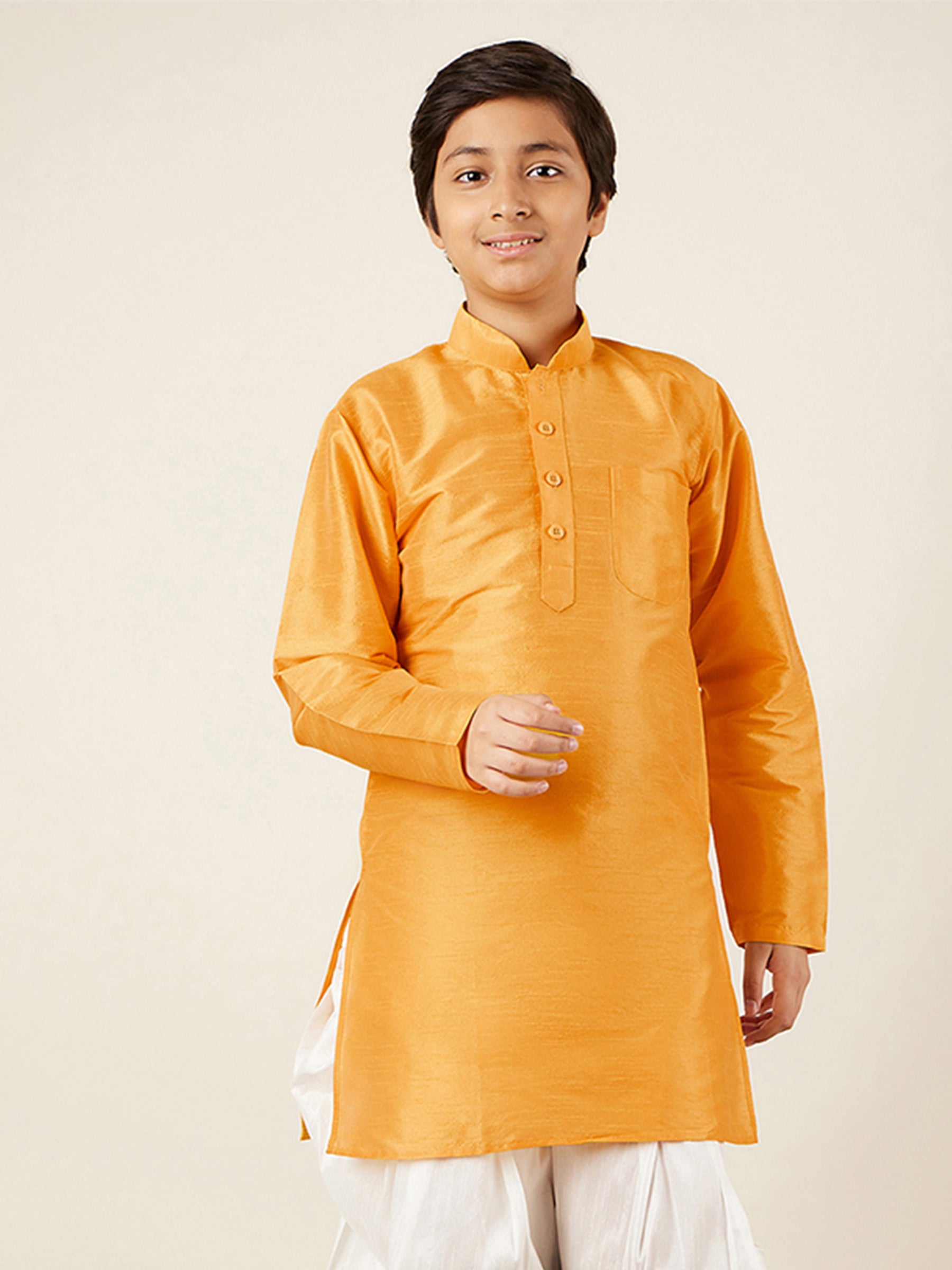 Kids Boys Yellow Solid Silk Blend Kurta - AJ Dezines
