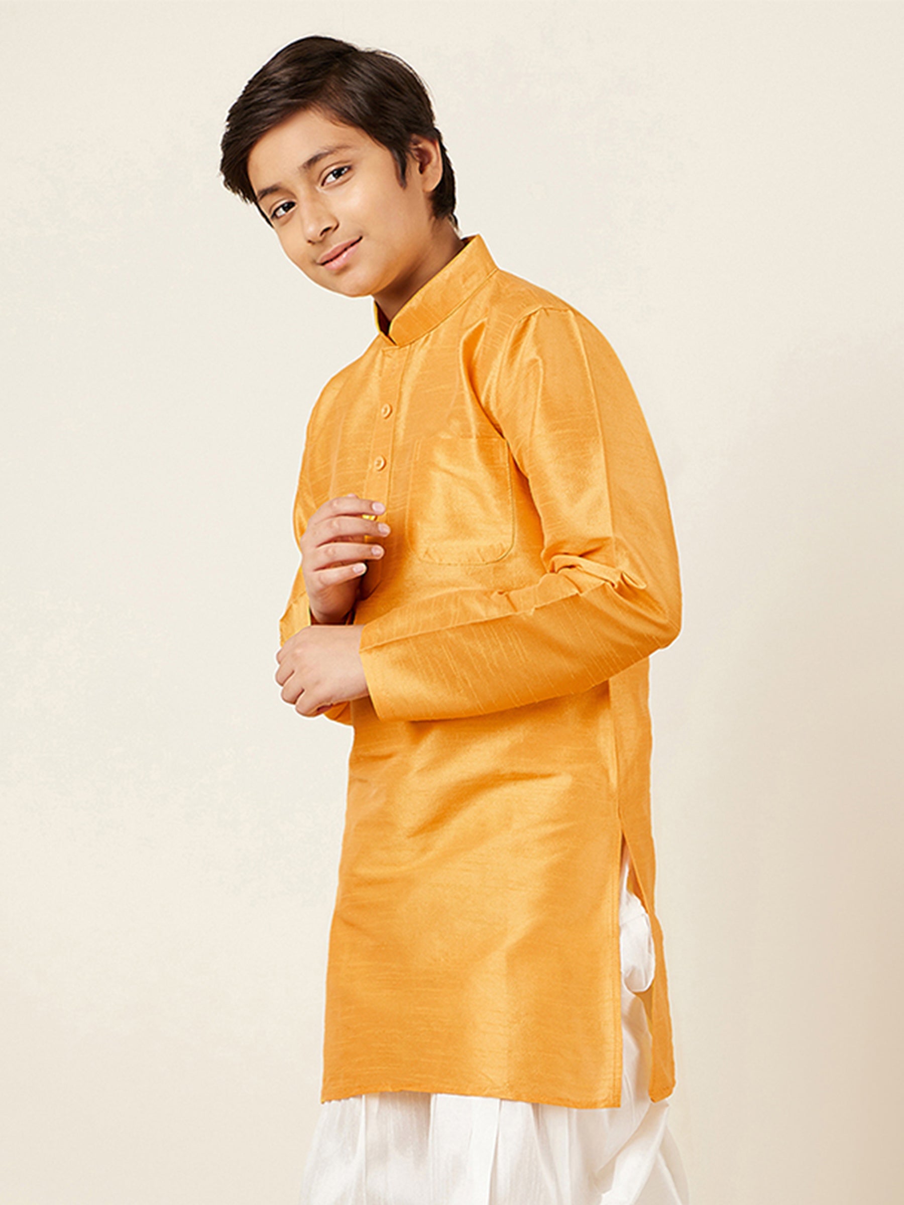 Kids Boys Yellow Solid Silk Blend Kurta - AJ Dezines