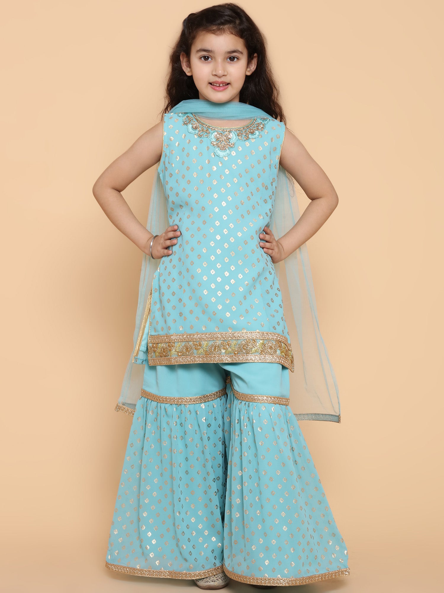 Girls Firozi Foil Print Georgette Sharara for Kids - AJ Dezines