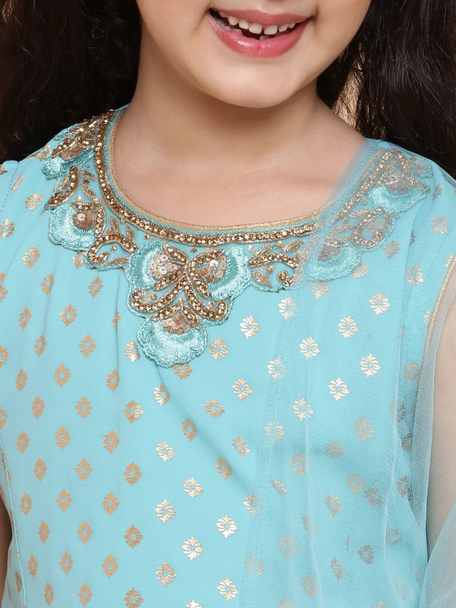 Girls Firozi Foil Print Georgette Sharara for Kids - AJ Dezines