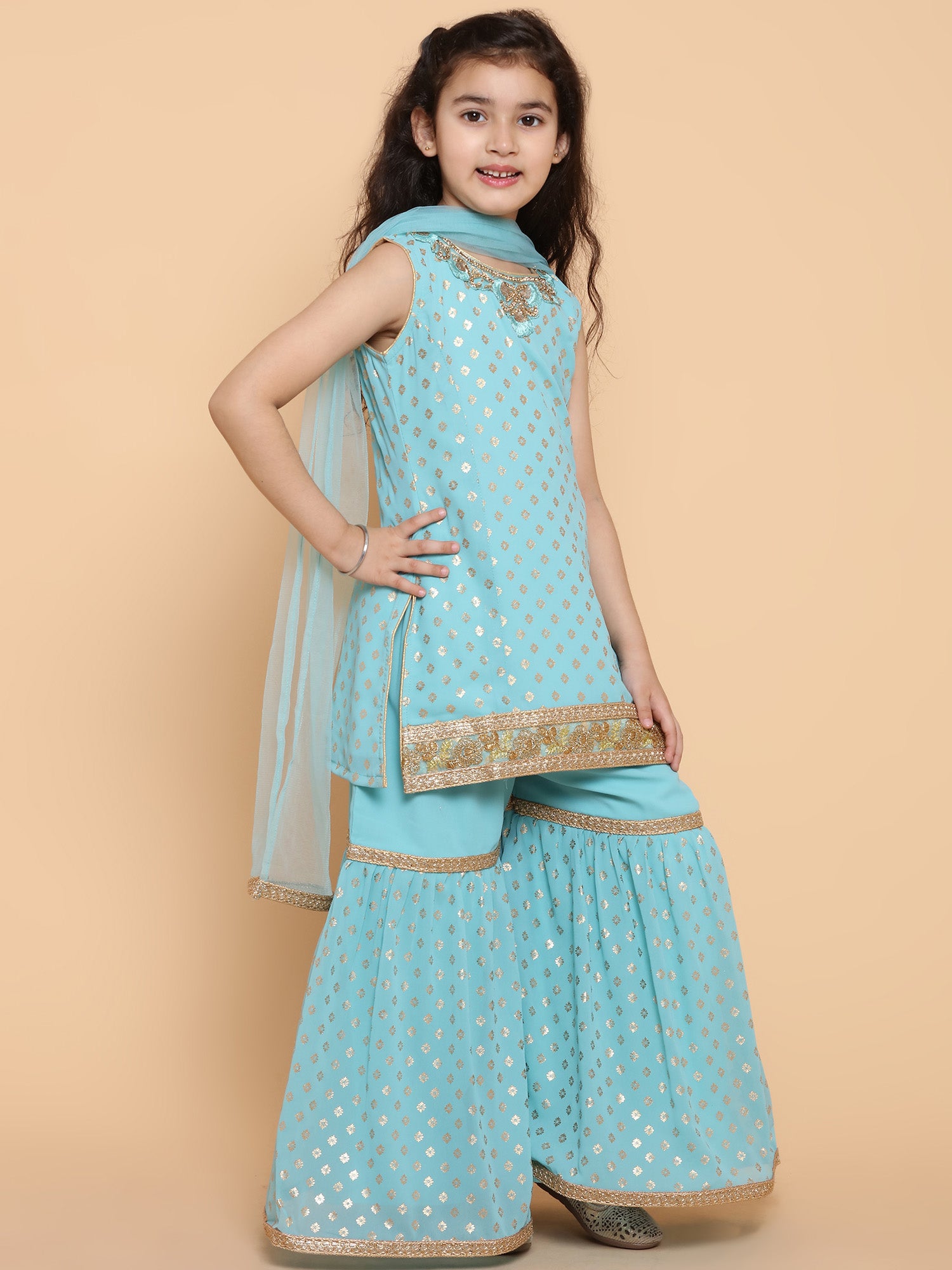 Girls Firozi Foil Print Georgette Sharara for Kids - AJ Dezines