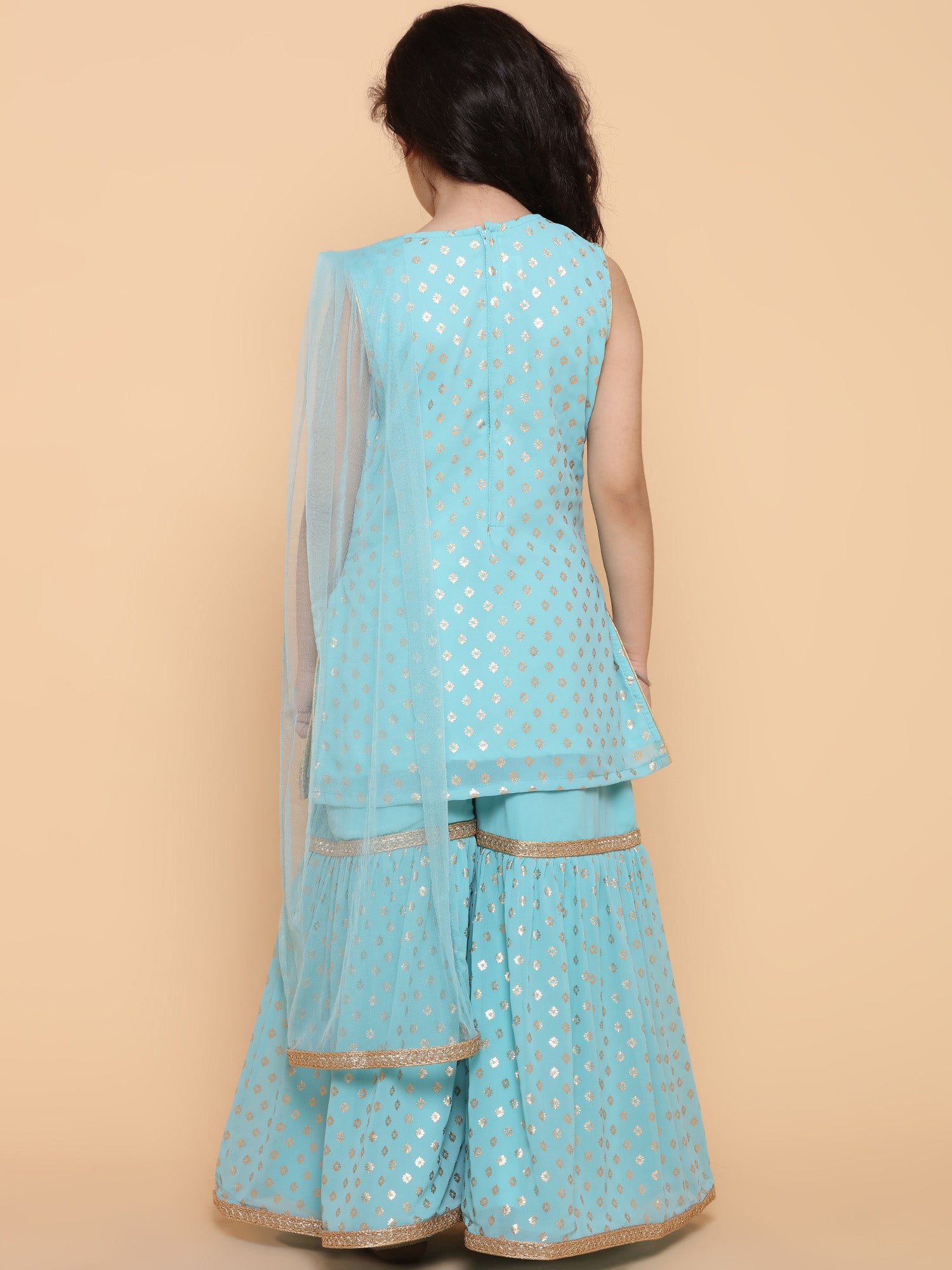Girls Firozi Foil Print Georgette Sharara for Kids - AJ Dezines