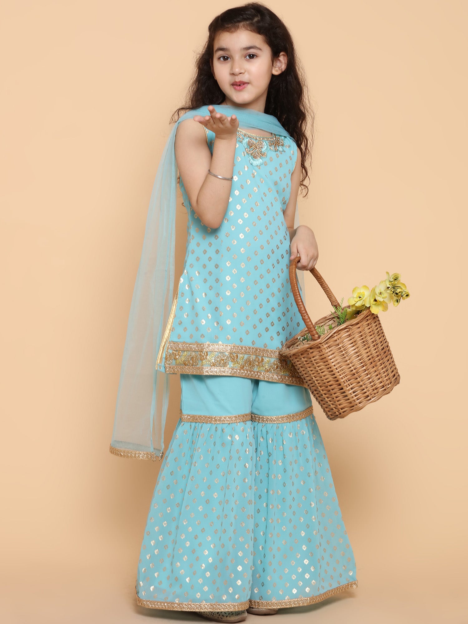 Girls Firozi Foil Print Georgette Sharara for Kids - AJ Dezines