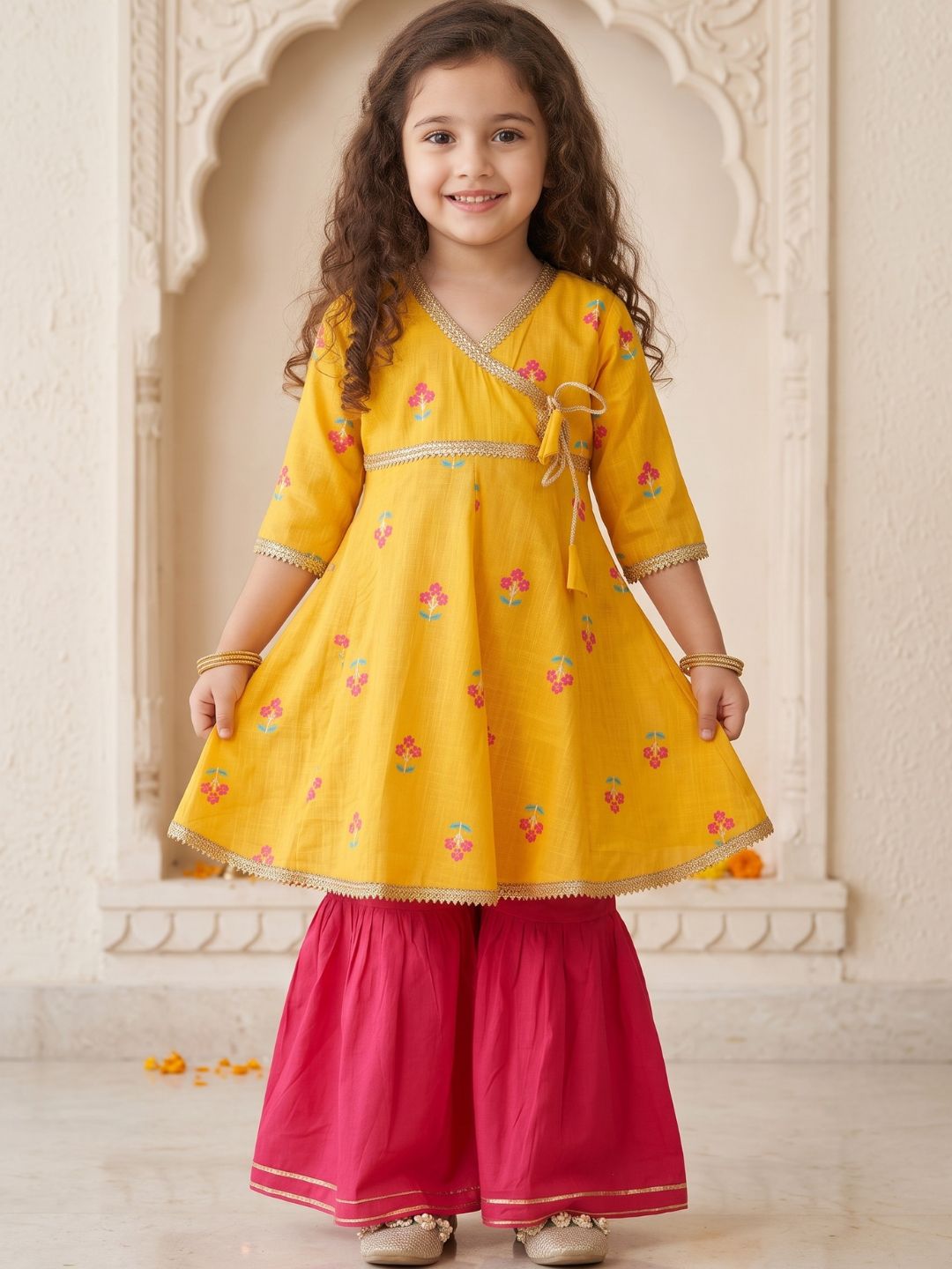 Girls Yellow Floral Print Pure Cotton Kurti with Sharara for Kids