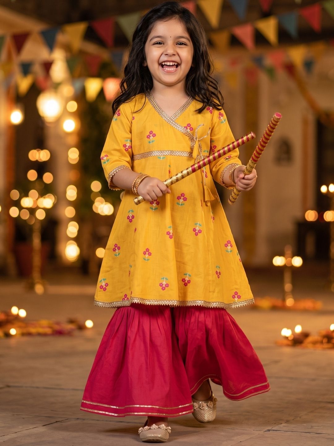 Girls Yellow Floral Print Pure Cotton Kurti with Sharara for Kids