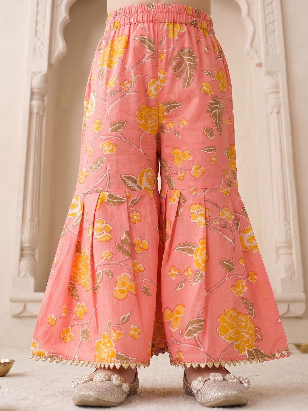 Girls Peach Floral Print Pure Cotton Sharara for Kids