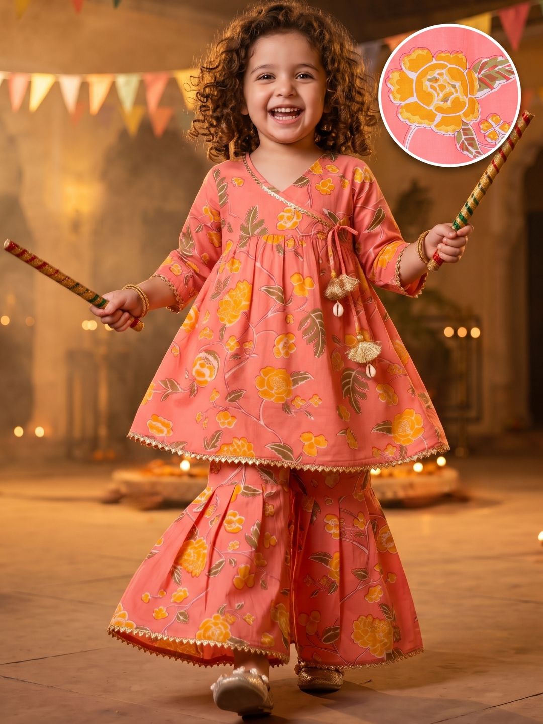 Girls Peach Floral Print Pure Cotton Sharara for Kids