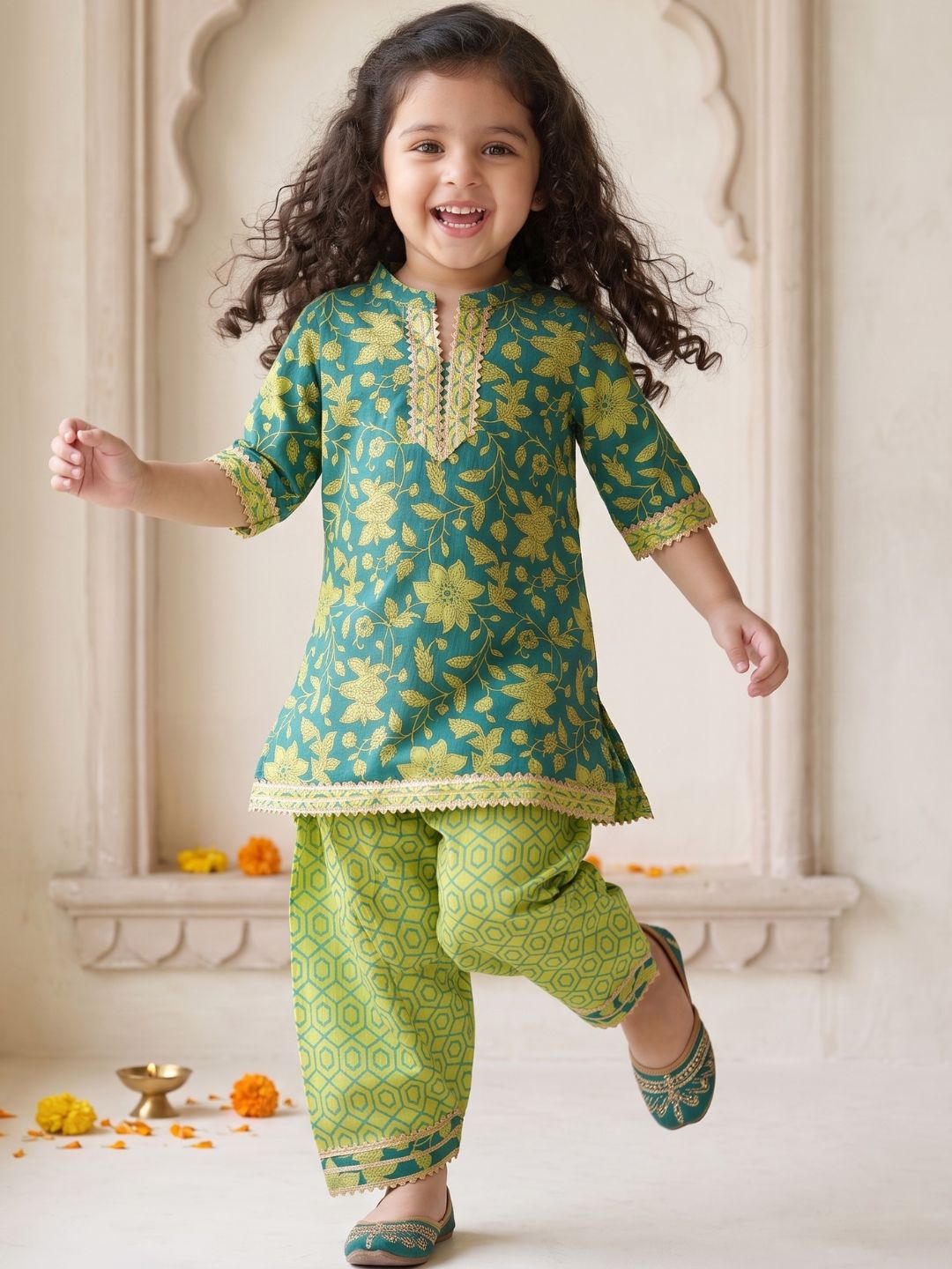 Girls Green Floral Print Pure Cotton Patiala Suit for Kids